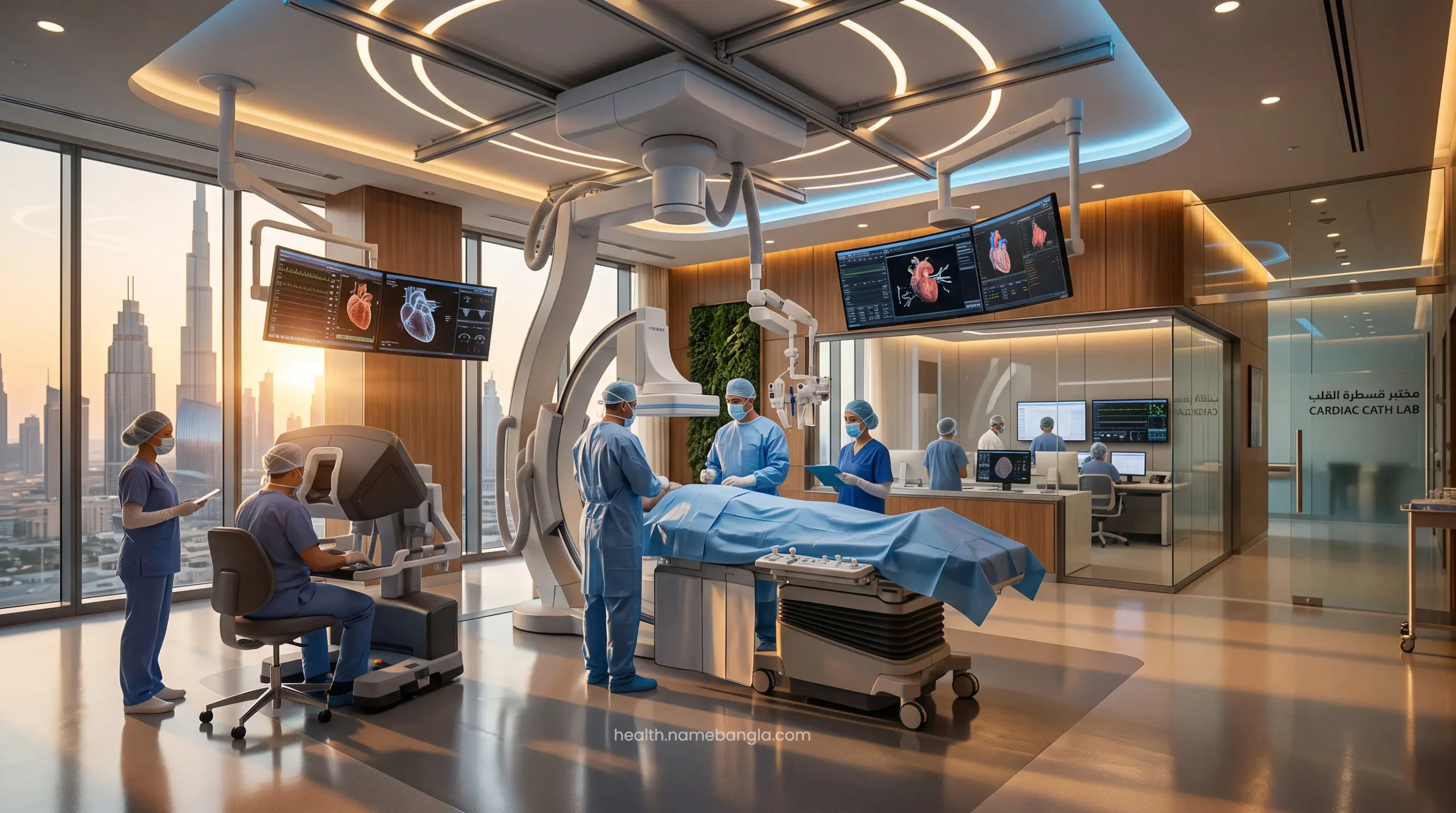 An ultra-modern cardiac catheterization lab equipped with robotic surgical technology in a JCI-accredited Dubai hospital.