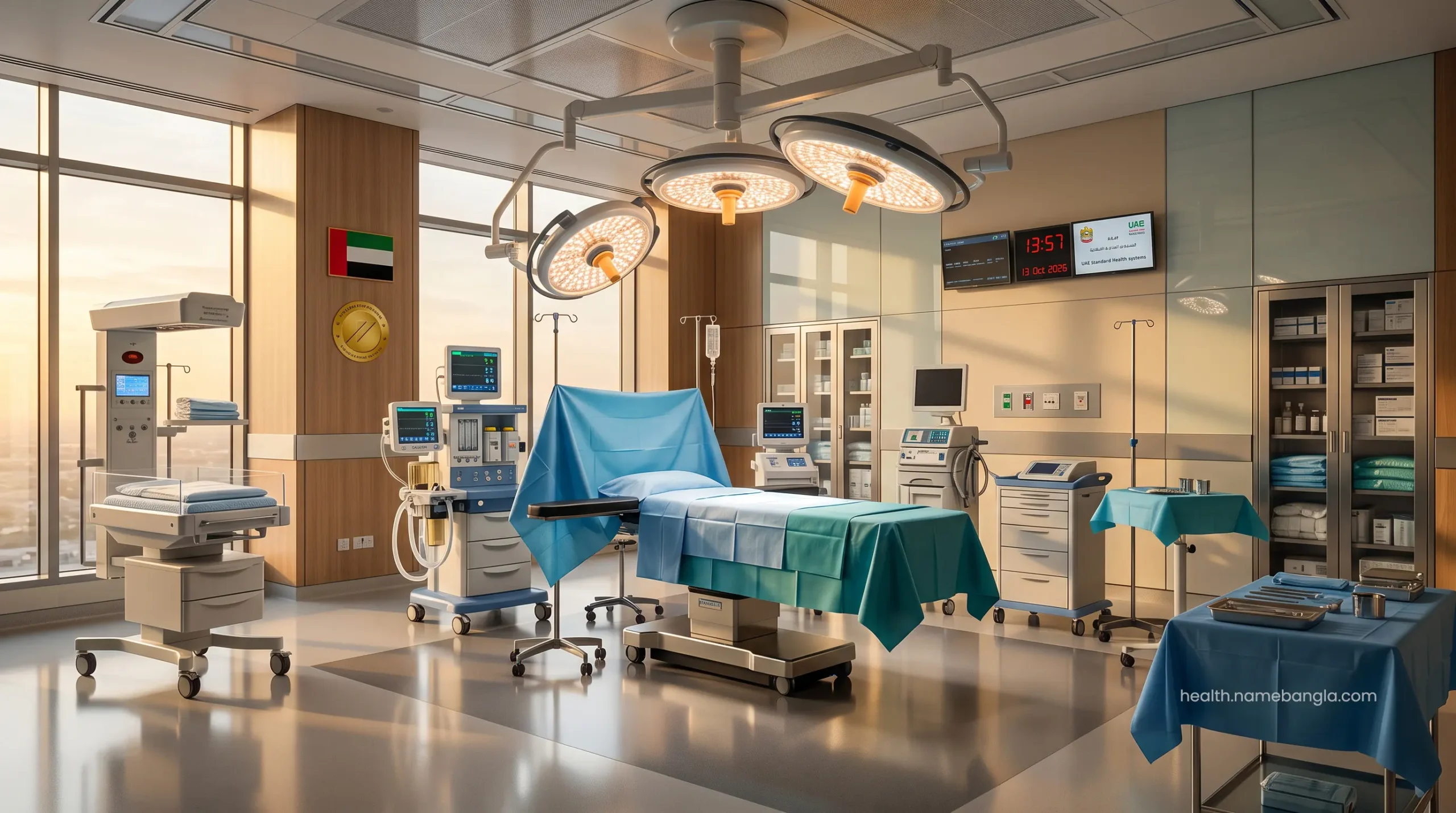 A state-of-the-art surgical theater prepared for a safe cesarean delivery in a UAE hospital.