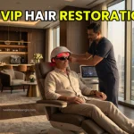 A high-net-worth patient consulting a board-certified surgeon in a luxury hair transplant clinic in Dubai.