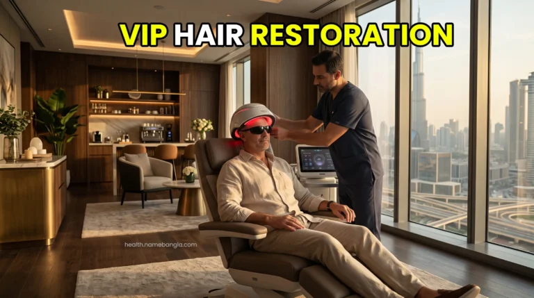 A high-net-worth patient consulting a board-certified surgeon in a luxury hair transplant clinic in Dubai.