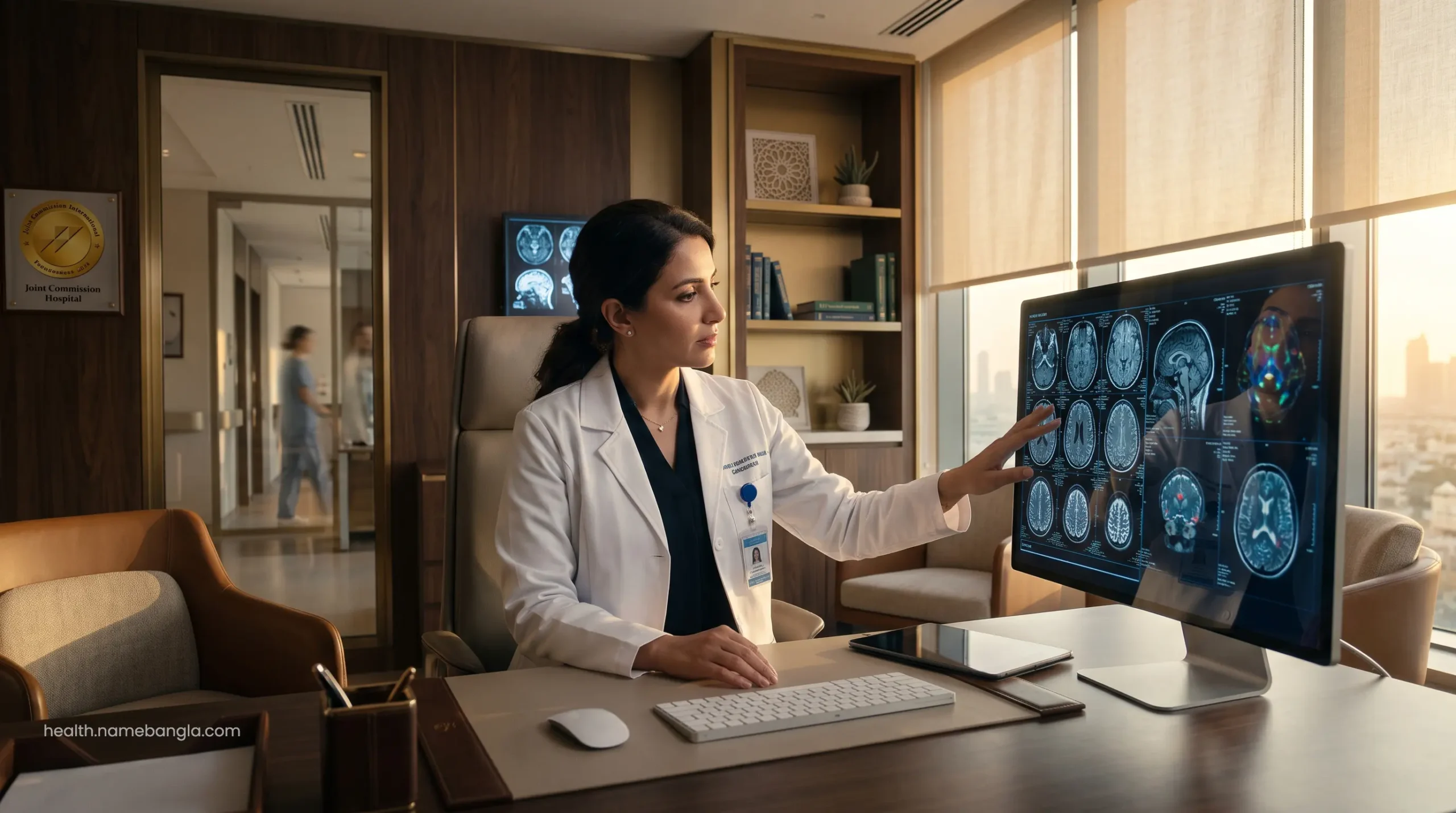 A board-certified neurologist reviewing advanced diagnostic imaging on a glowing digital screen.