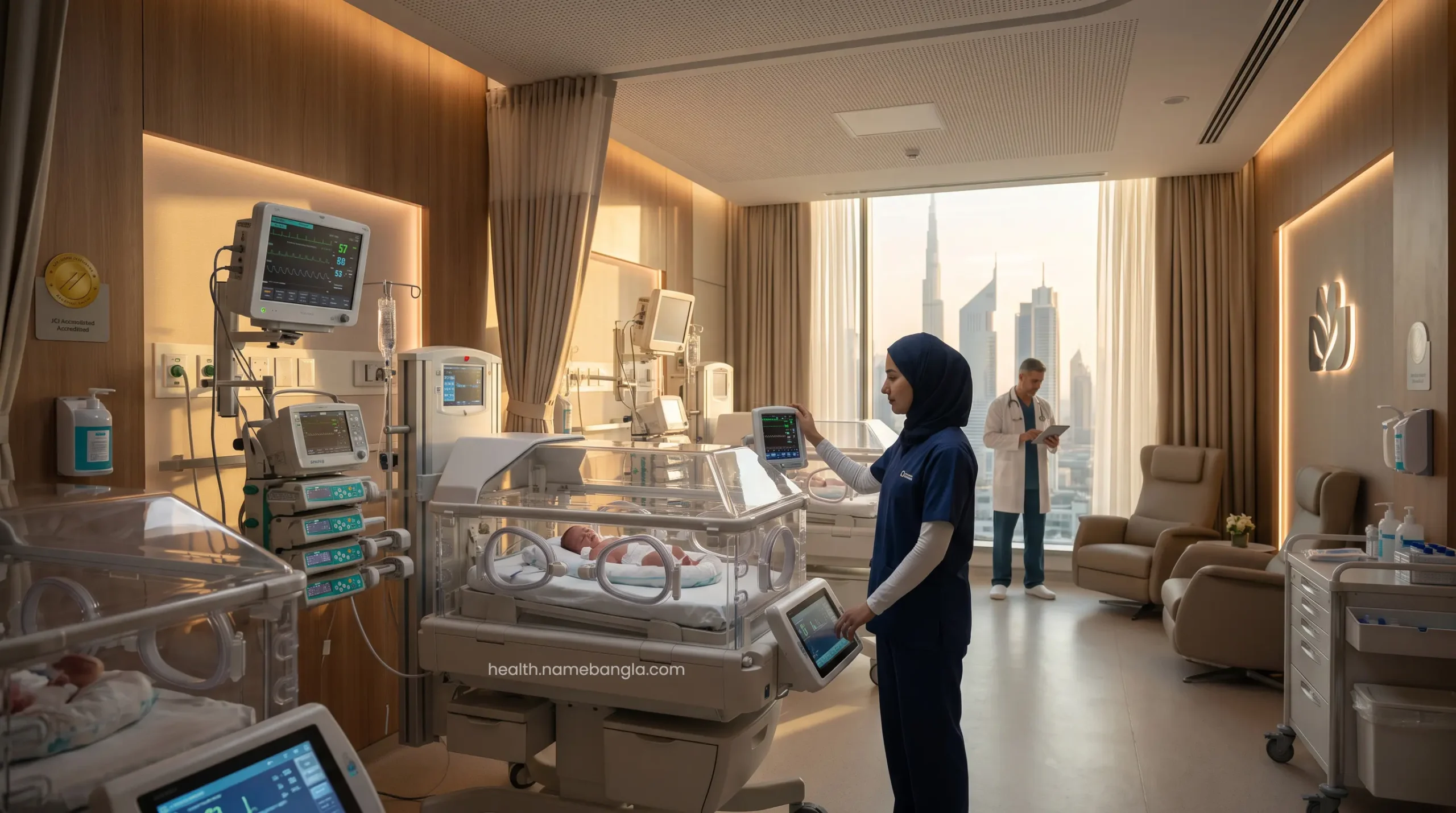 High-tech incubators and monitoring equipment in a premium Neonatal Intensive Care Unit (NICU).