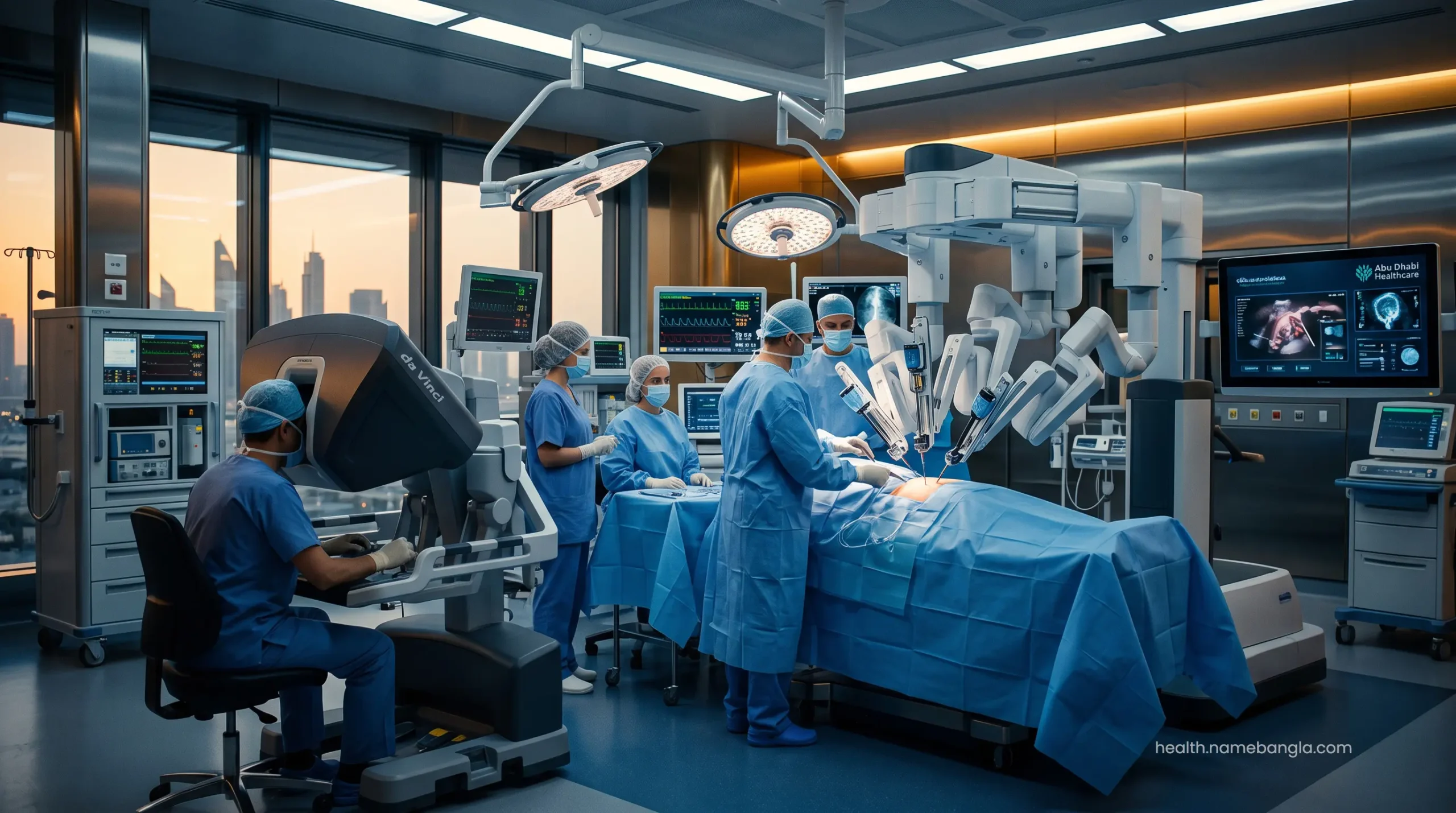State-of-the-art robotic-assisted renal surgery being performed in a highly sterile Abu Dhabi operating theater.