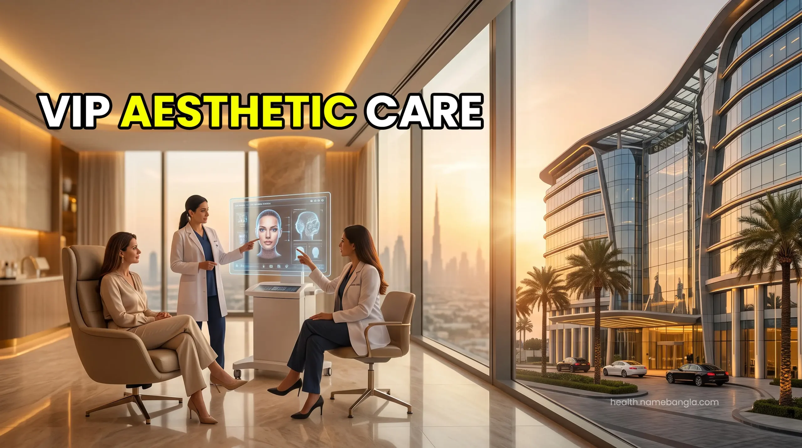 A luxurious, modern exterior of a premium plastic surgery center in Dubai reflecting elite aesthetic care.