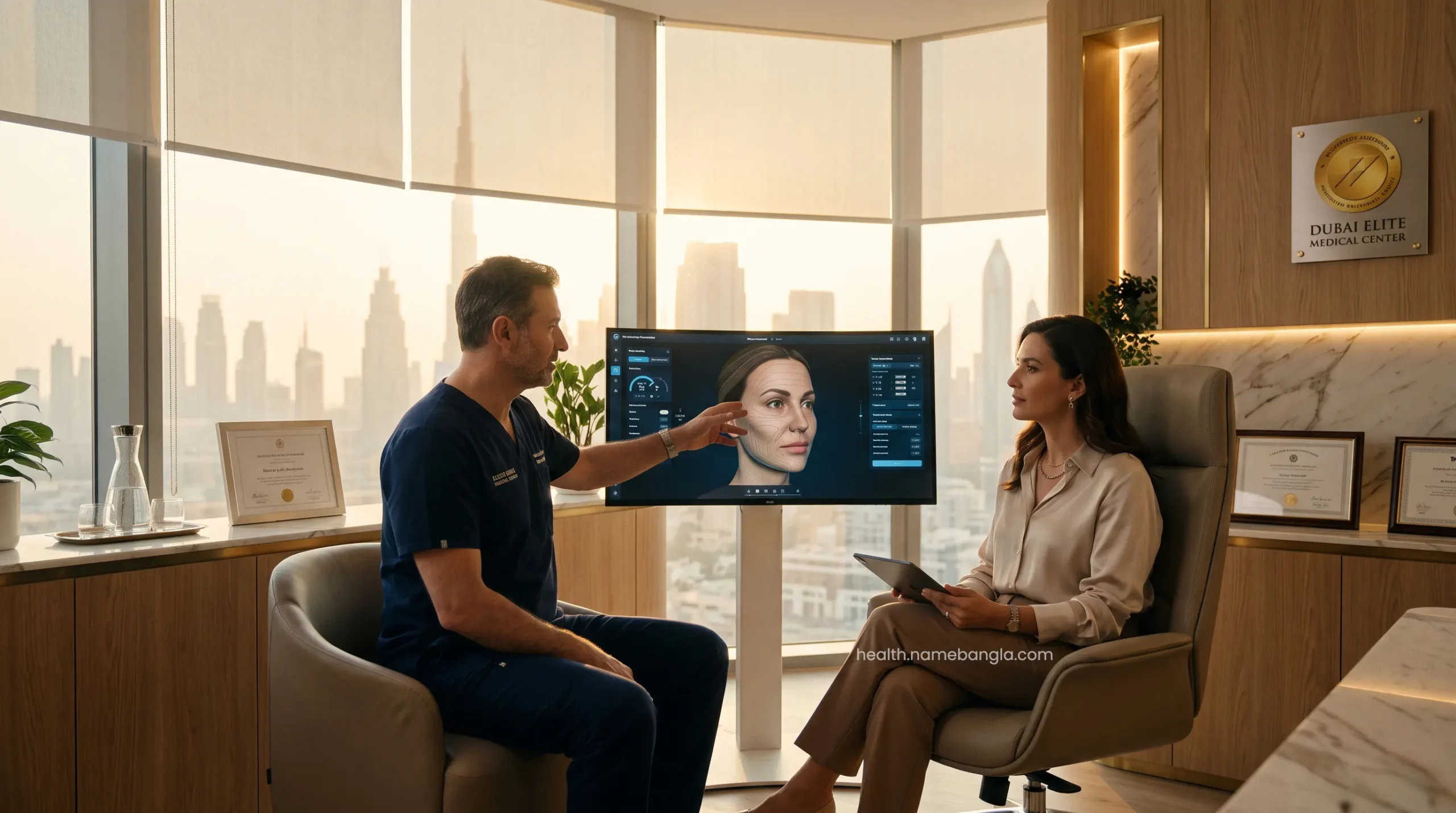 A board-certified aesthetic surgeon consulting a high-net-worth patient using advanced 3D facial modeling in Dubai.