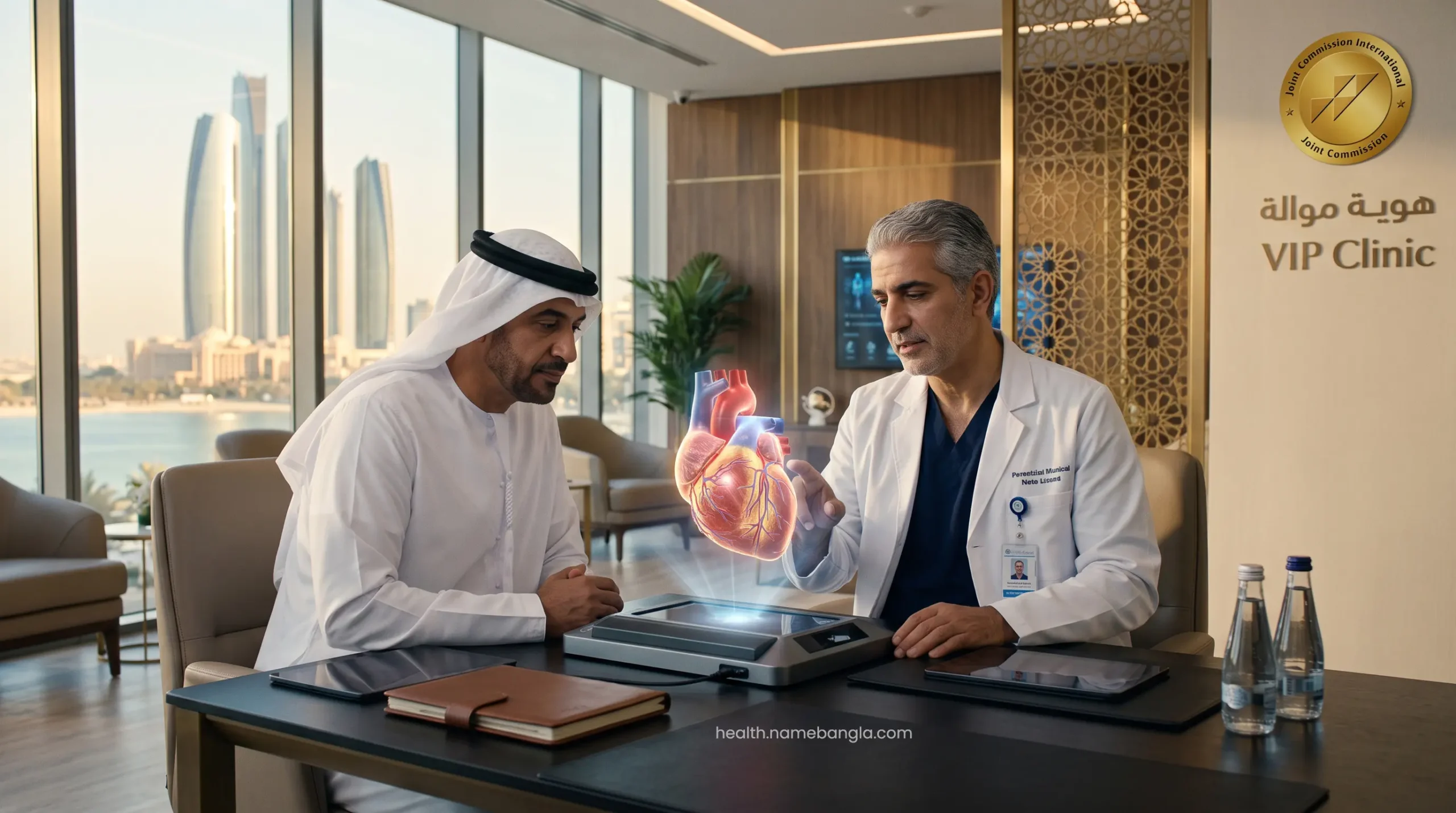 A board-certified cardiothoracic surgeon reviewing a glowing 3D heart model with a corporate patient in Abu Dhabi.