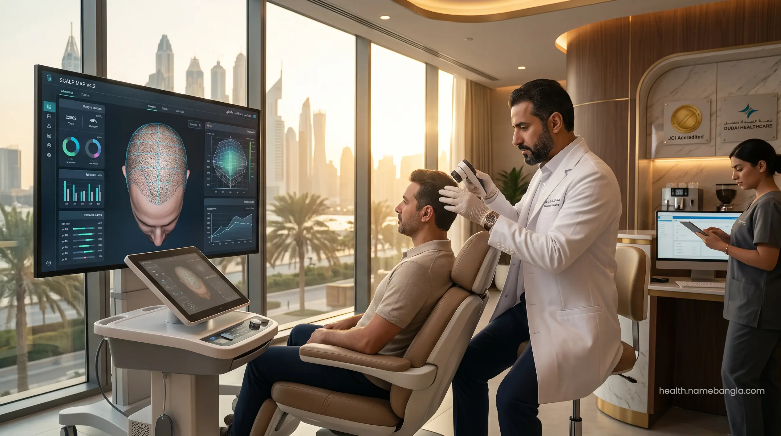 A board-certified hair restoration surgeon analyzing a patient's scalp using advanced 3D digital mapping in Dubai.