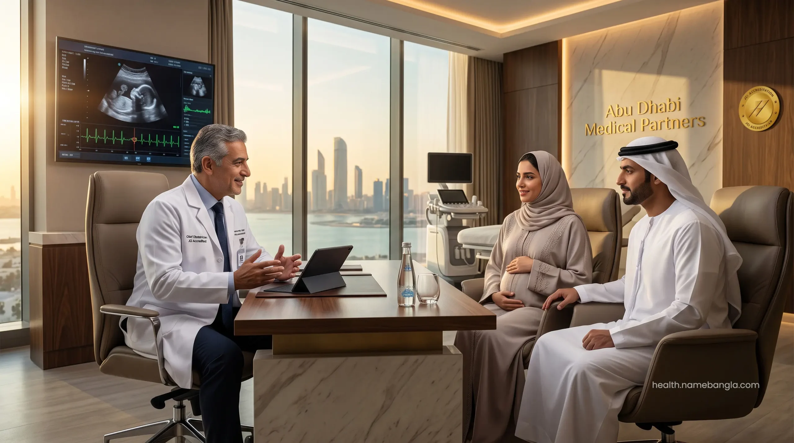 A board-certified obstetrician consulting expectant parents in a premium Abu Dhabi clinic.