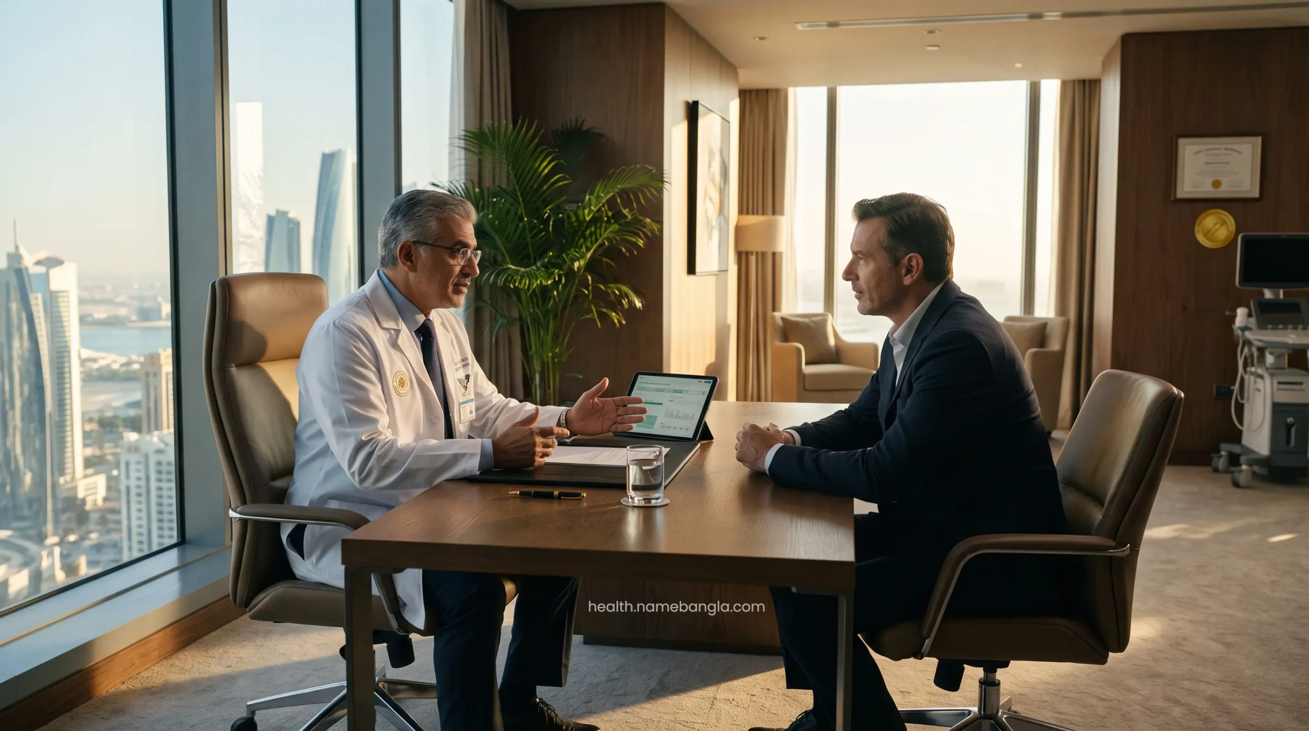 Board-certified physician consulting a corporate client regarding executive health screening results.