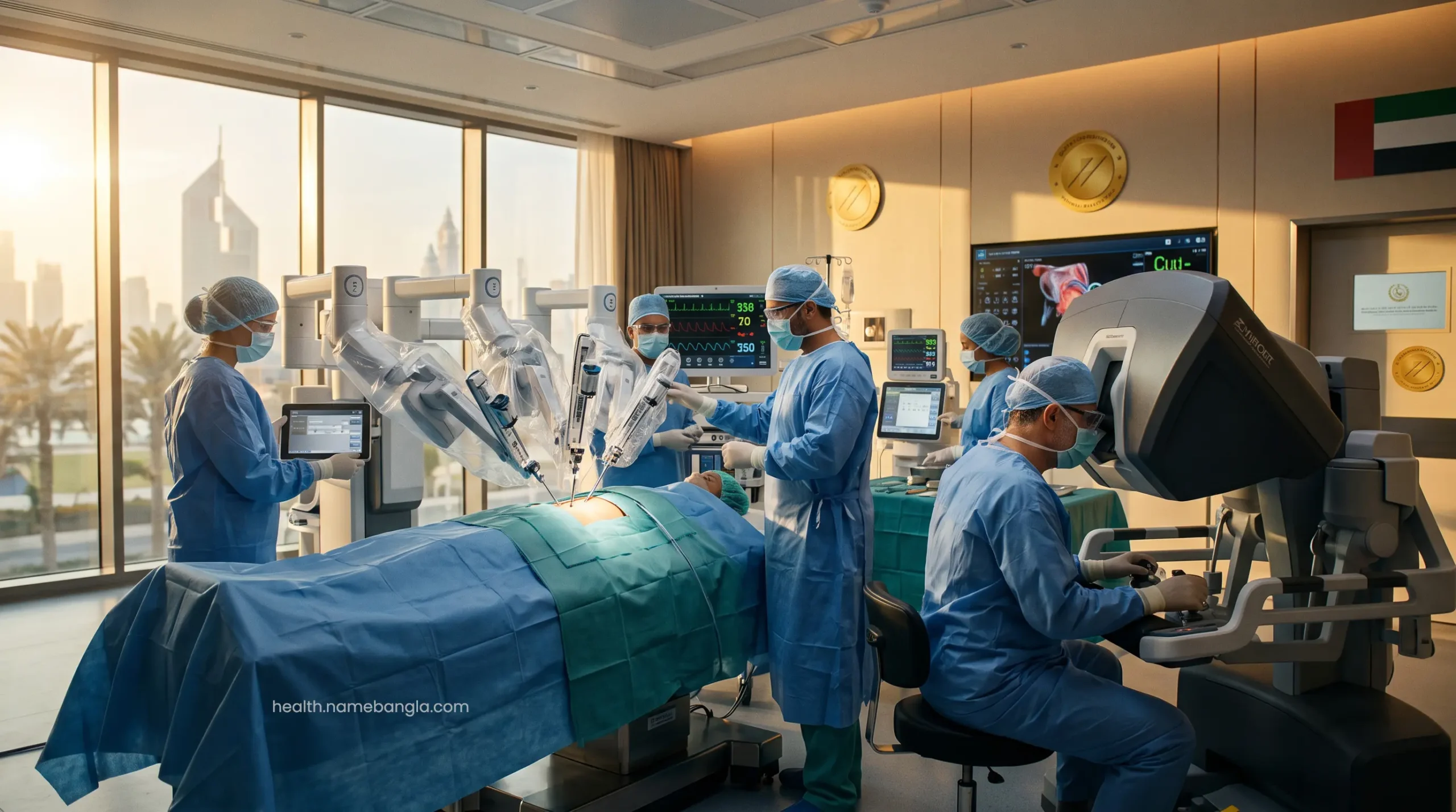 Board-certified surgeons utilizing advanced robotic medical technology in a Dubai hospital.