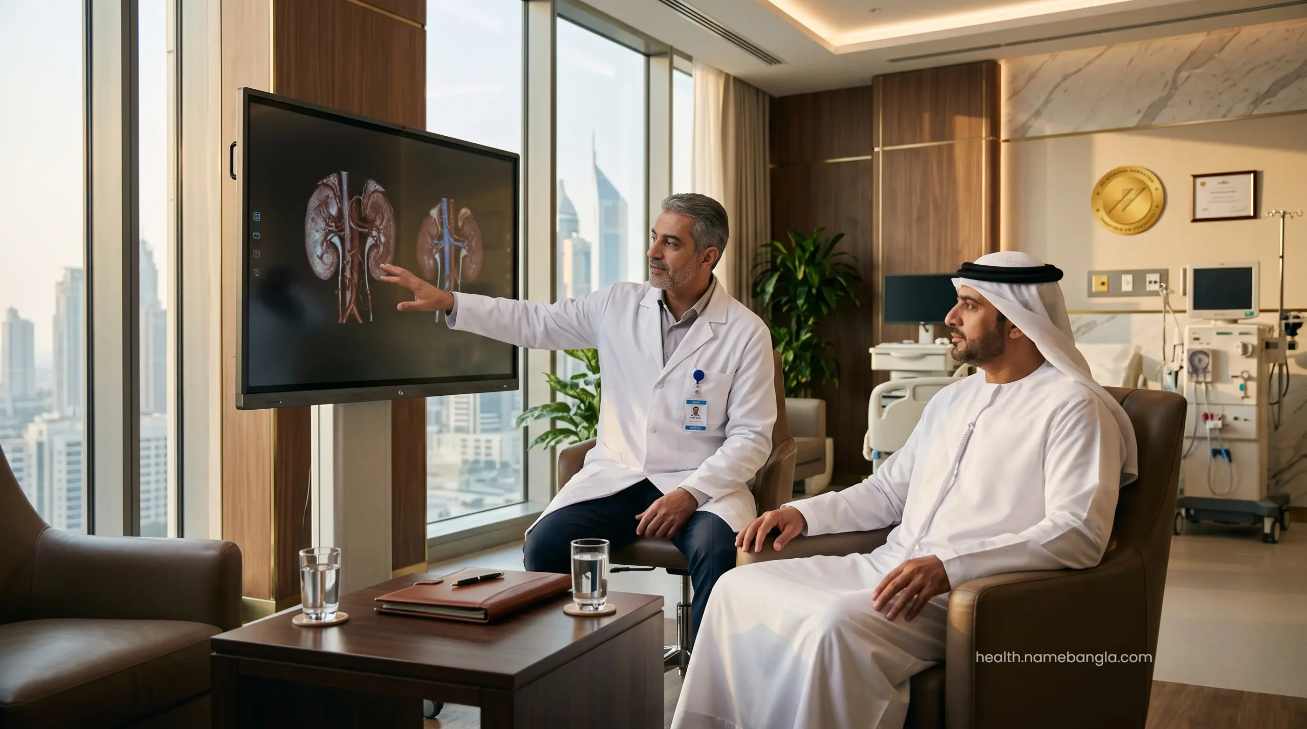 A board-certified transplant surgeon reviewing high-resolution renal scans with a corporate client in a Dubai VIP clinic.