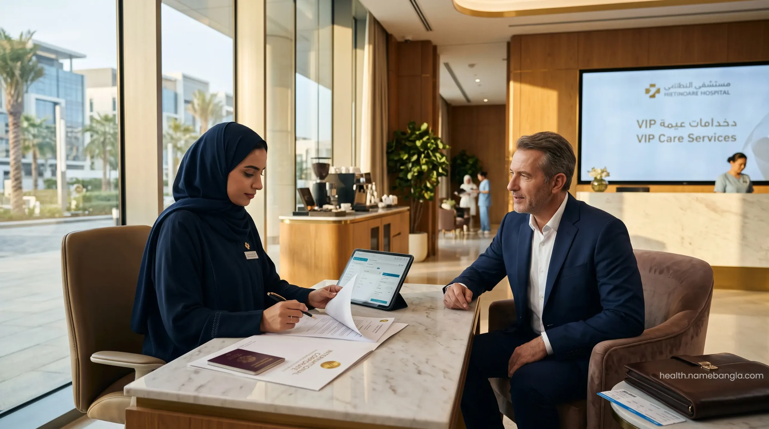 A premium healthcare concierge verifying international corporate health insurance for a VIP patient in the UAE.