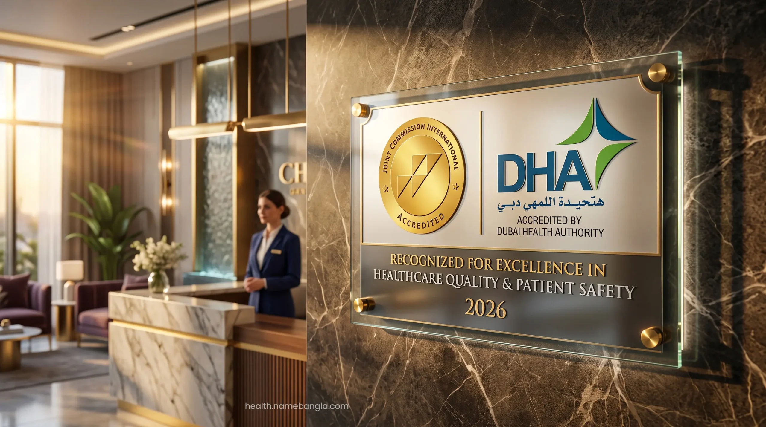 A glowing JCI and DHA accreditation plaque displayed prominently in a luxury cosmetic surgery center.