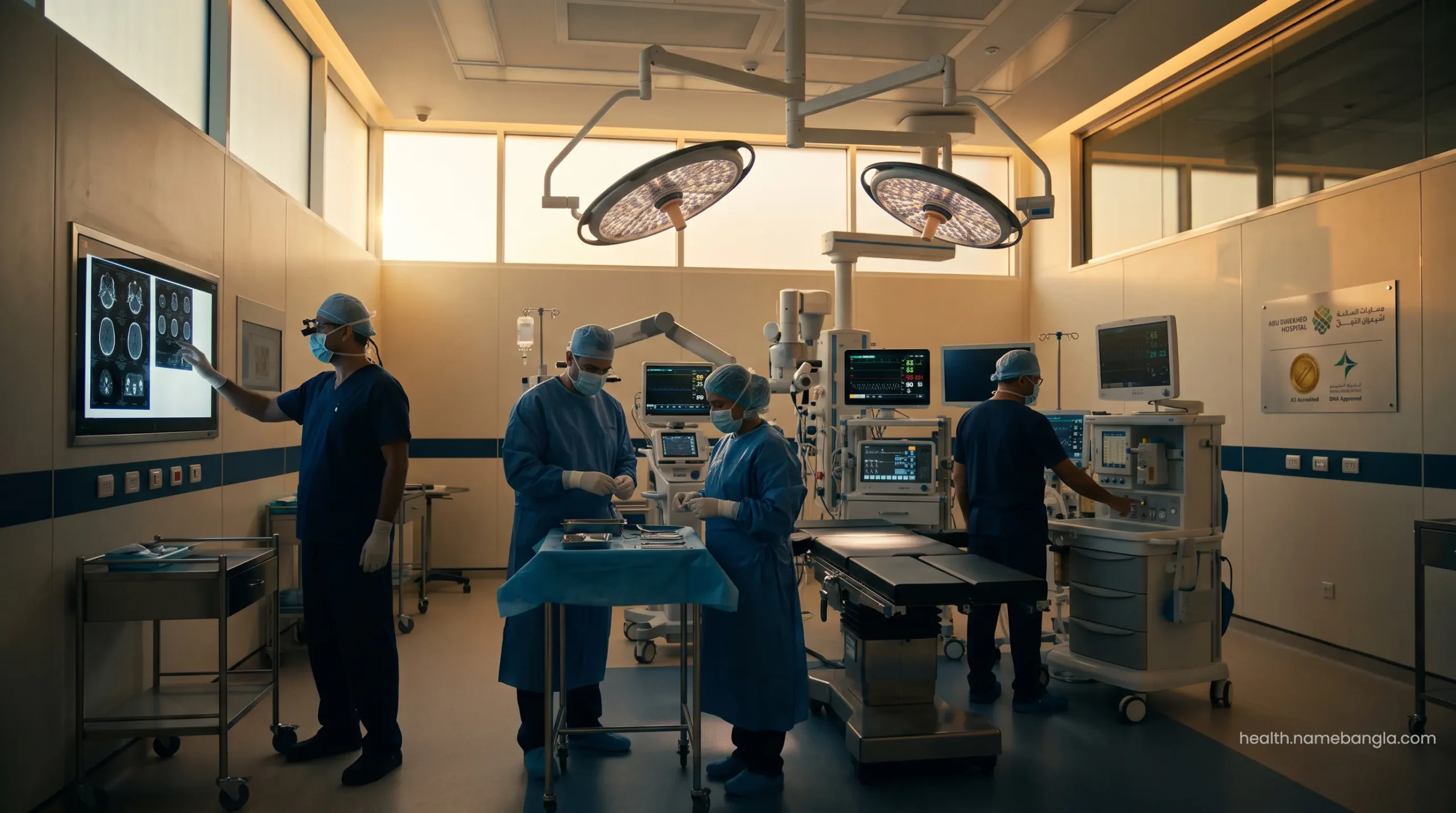 A team of DHA-approved surgeons preparing for a complex procedure in a state-of-the-art Abu Dhabi operating theater.
