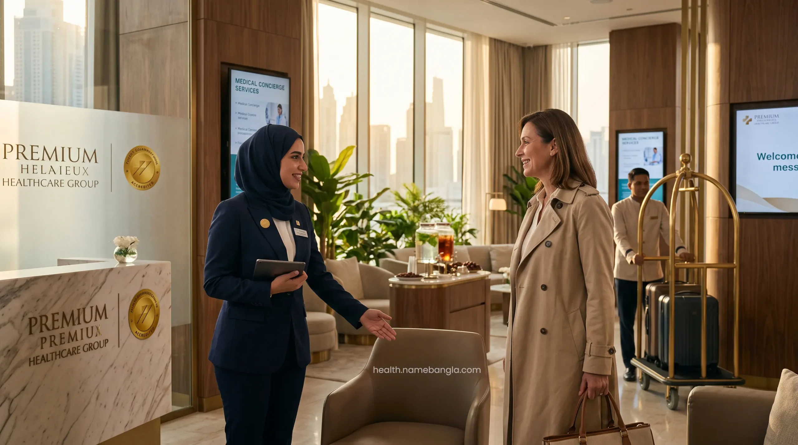 A dedicated global patient concierge assisting a medical tourist arriving in Dubai.