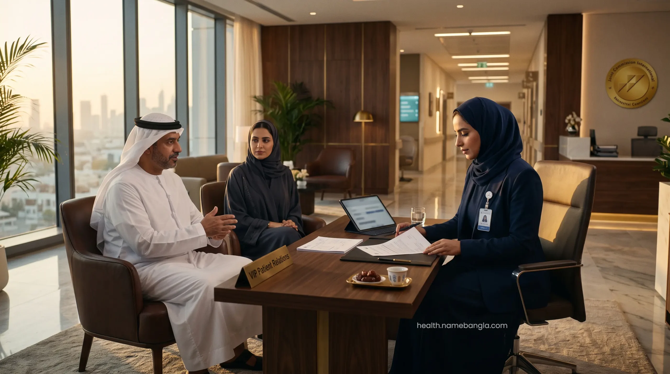 A dedicated medical concierge verifying international corporate health insurance for a VIP transplant patient.