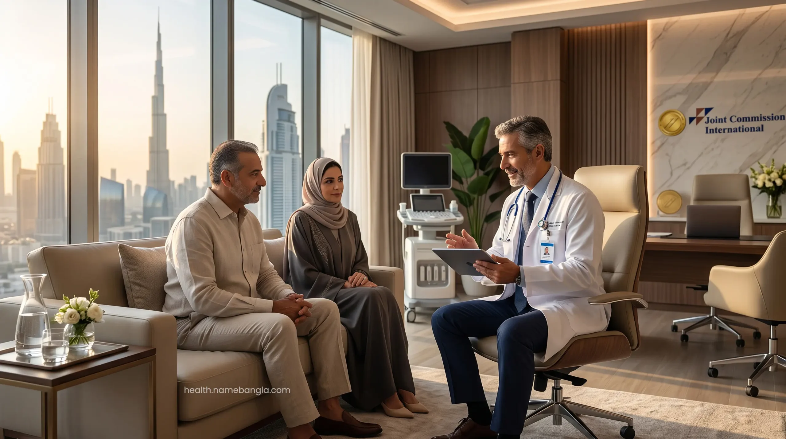 An international medical expert consulting a high-net-worth patient in a JCI-accredited Dubai hospital.