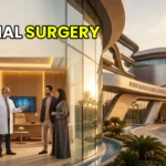 A high-net-worth patient consulting a board-certified transplant surgeon in a luxury UAE hospital.