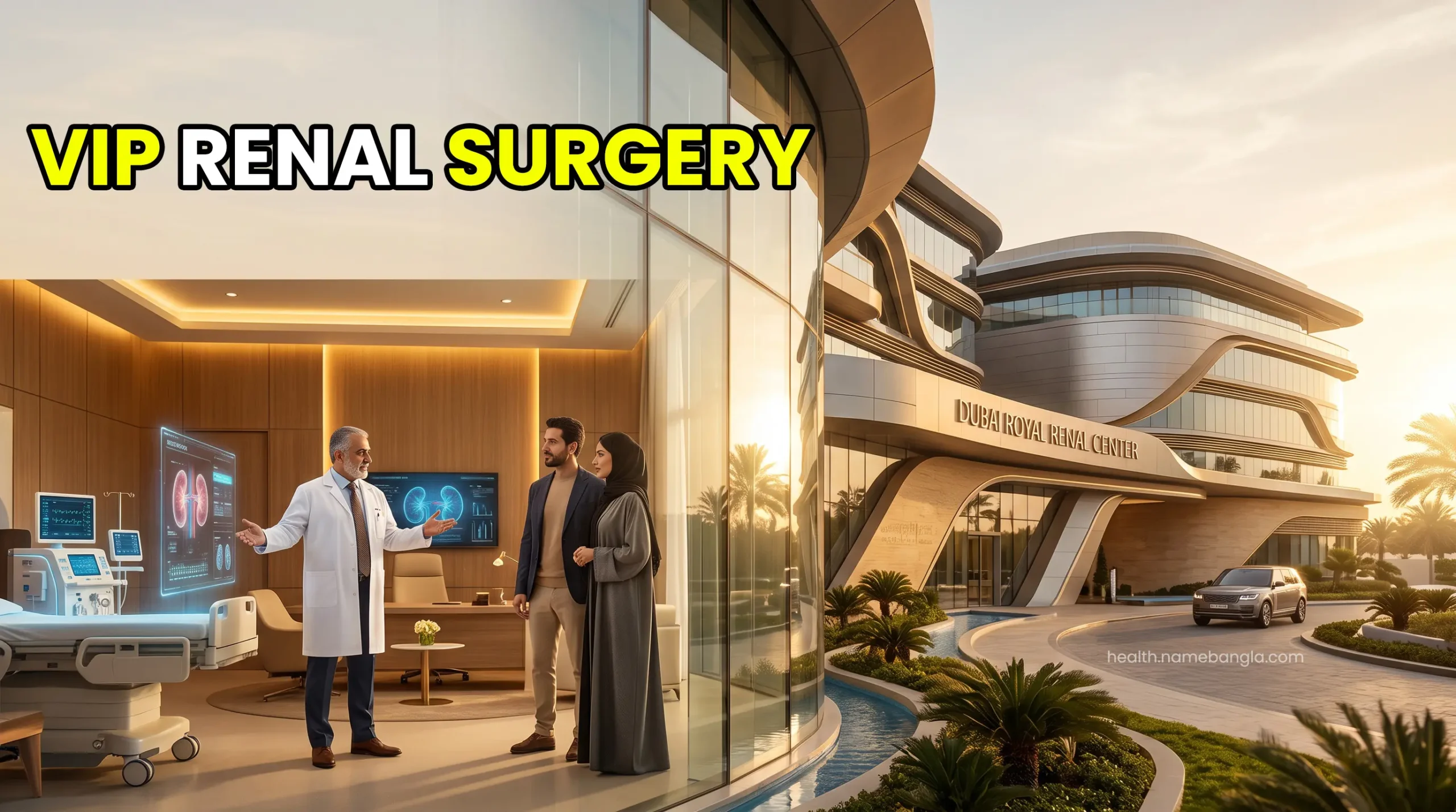 A high-net-worth patient consulting a board-certified transplant surgeon in a luxury UAE hospital.