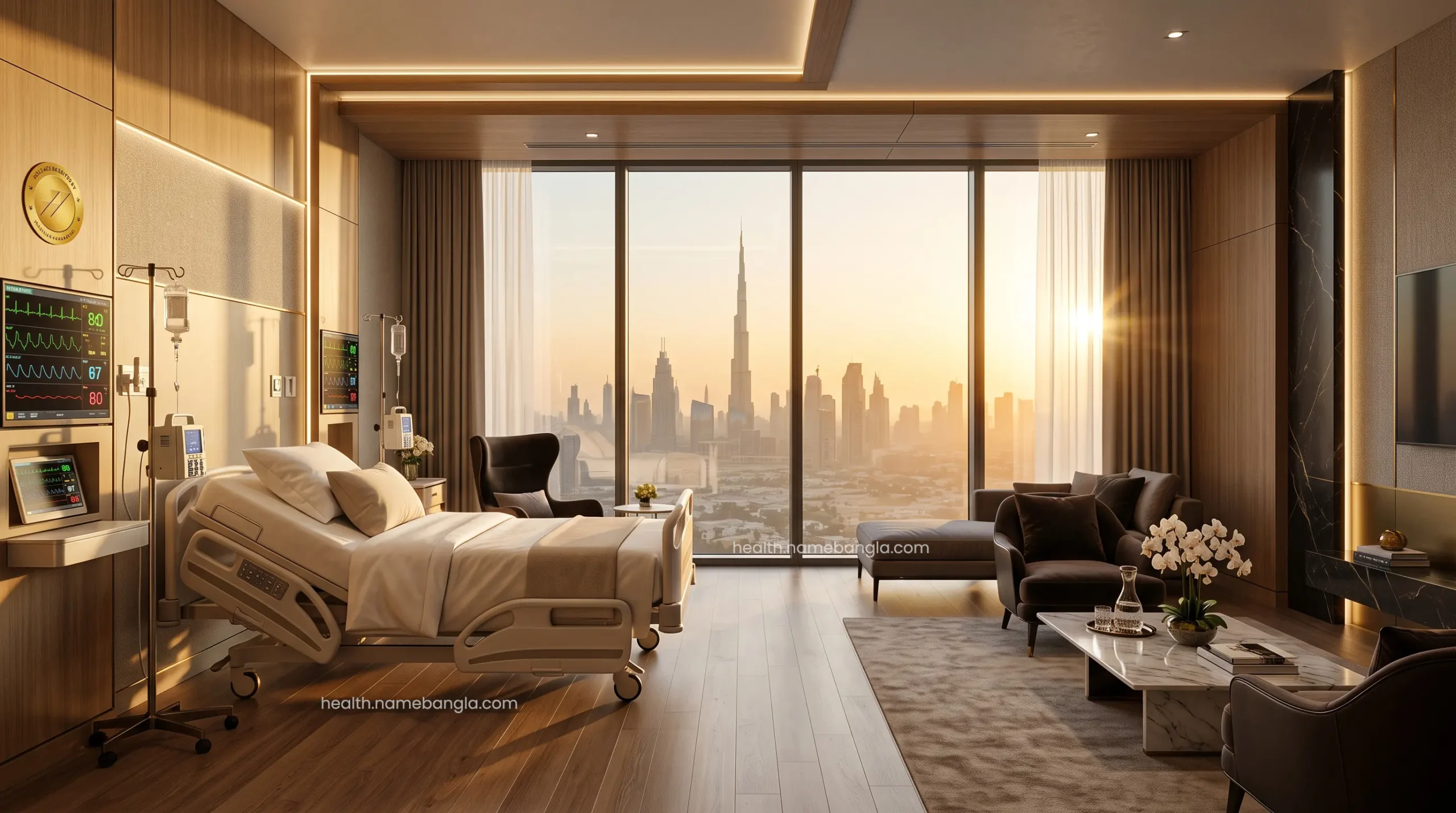A highly private, luxury VIP cardiac recovery suite featuring advanced remote monitoring and a view of the Dubai skyline.
