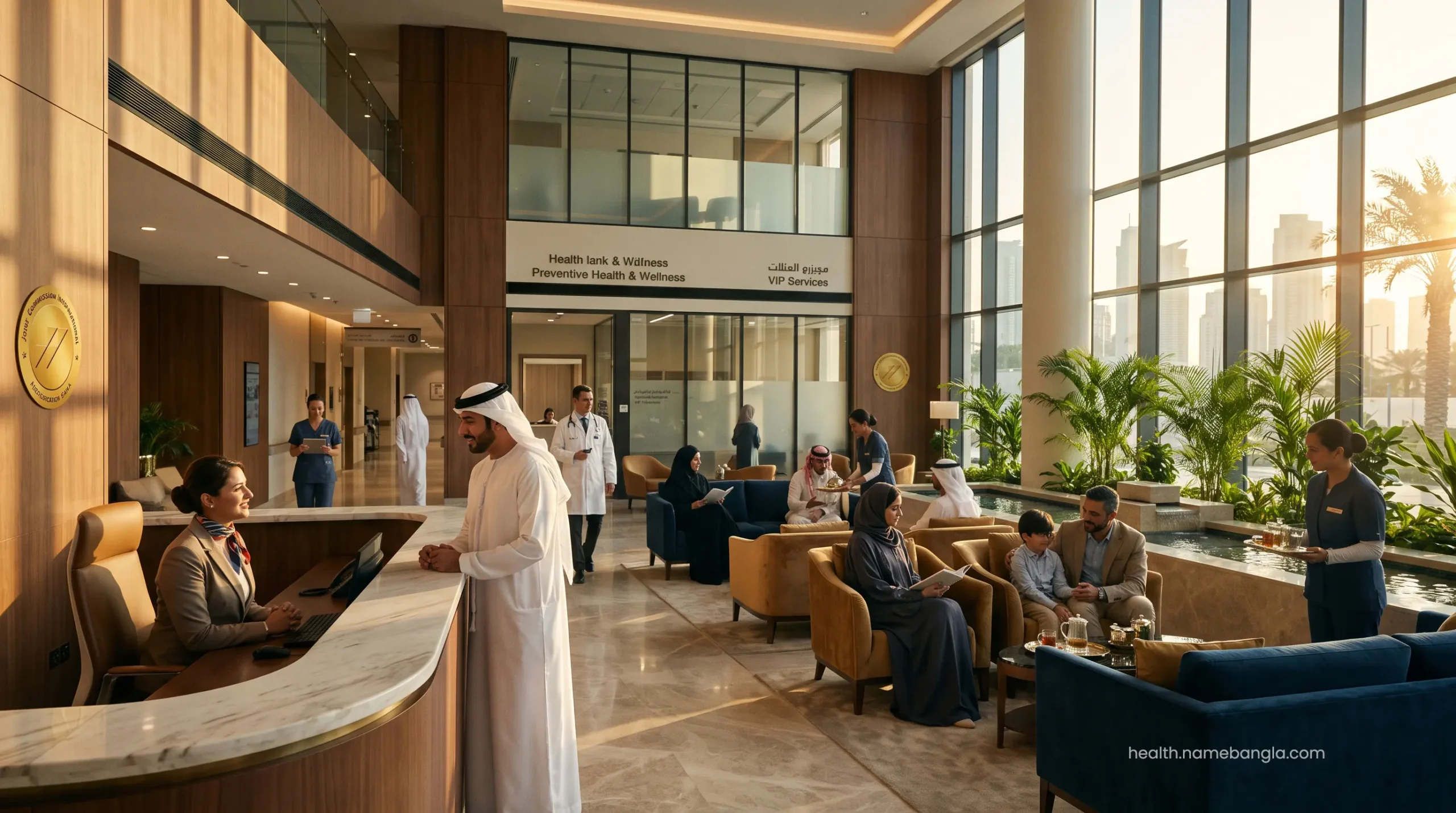 Luxury VIP hospital lounge offering premium preventive healthcare services in Abu Dhabi.