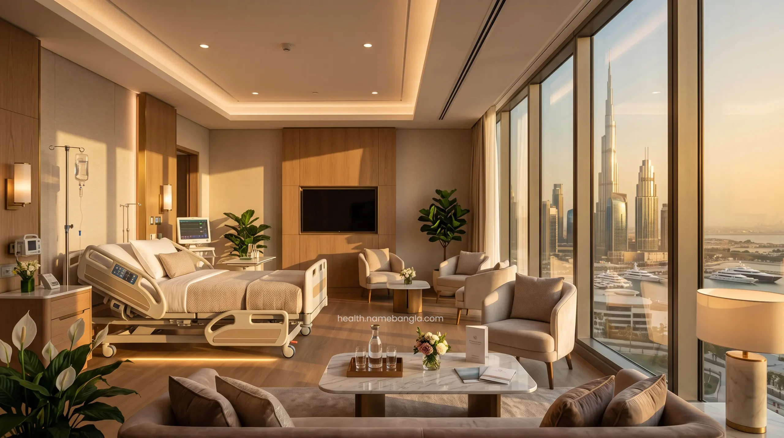 A luxury VIP patient recovery suite with a stunning view of the Dubai skyline.