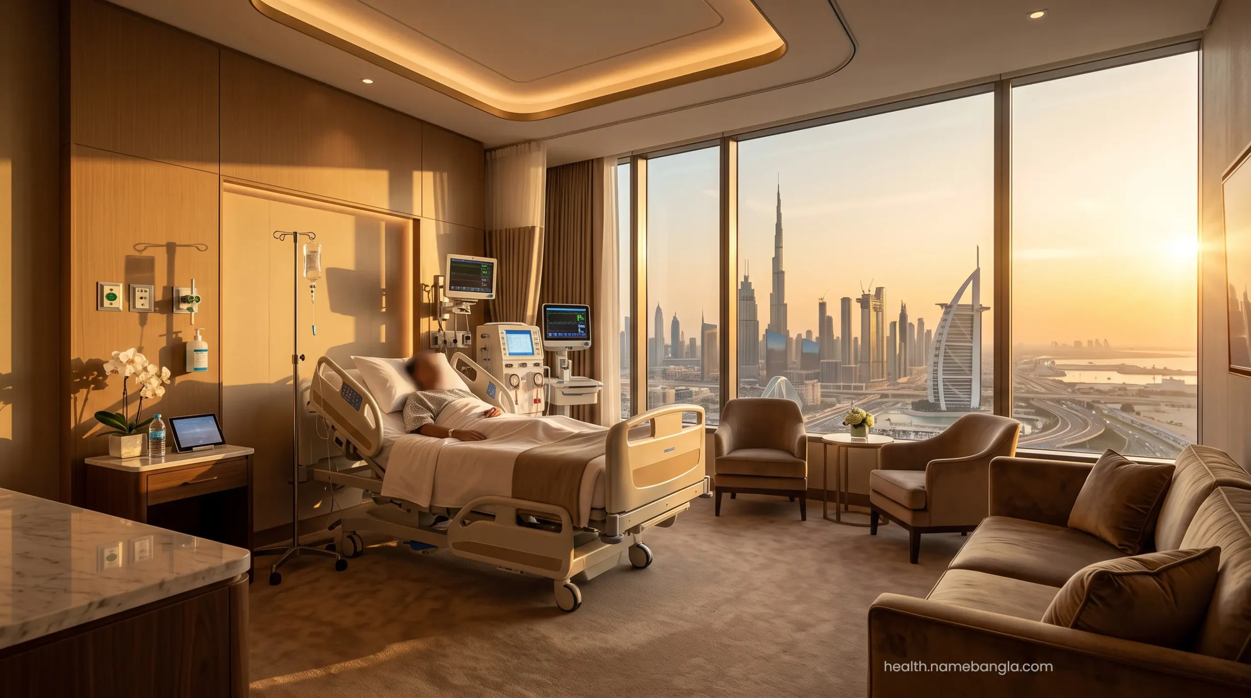 A highly private, luxury VIP recovery suite tailored for kidney transplant patients in a Dubai hospital.