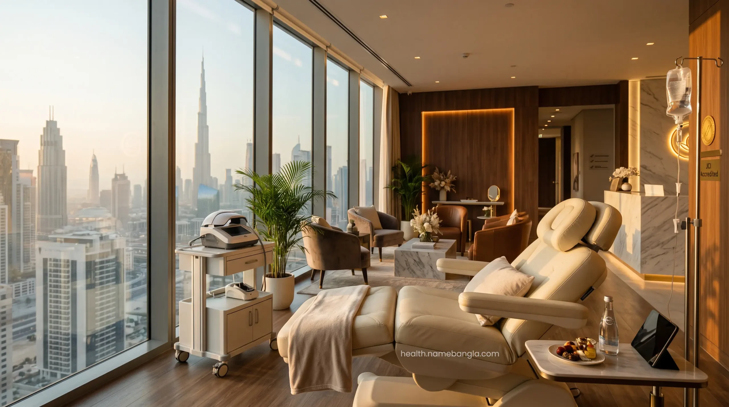 A highly private, luxury VIP recovery lounge designed for hair transplant patients with a view of the Dubai skyline.