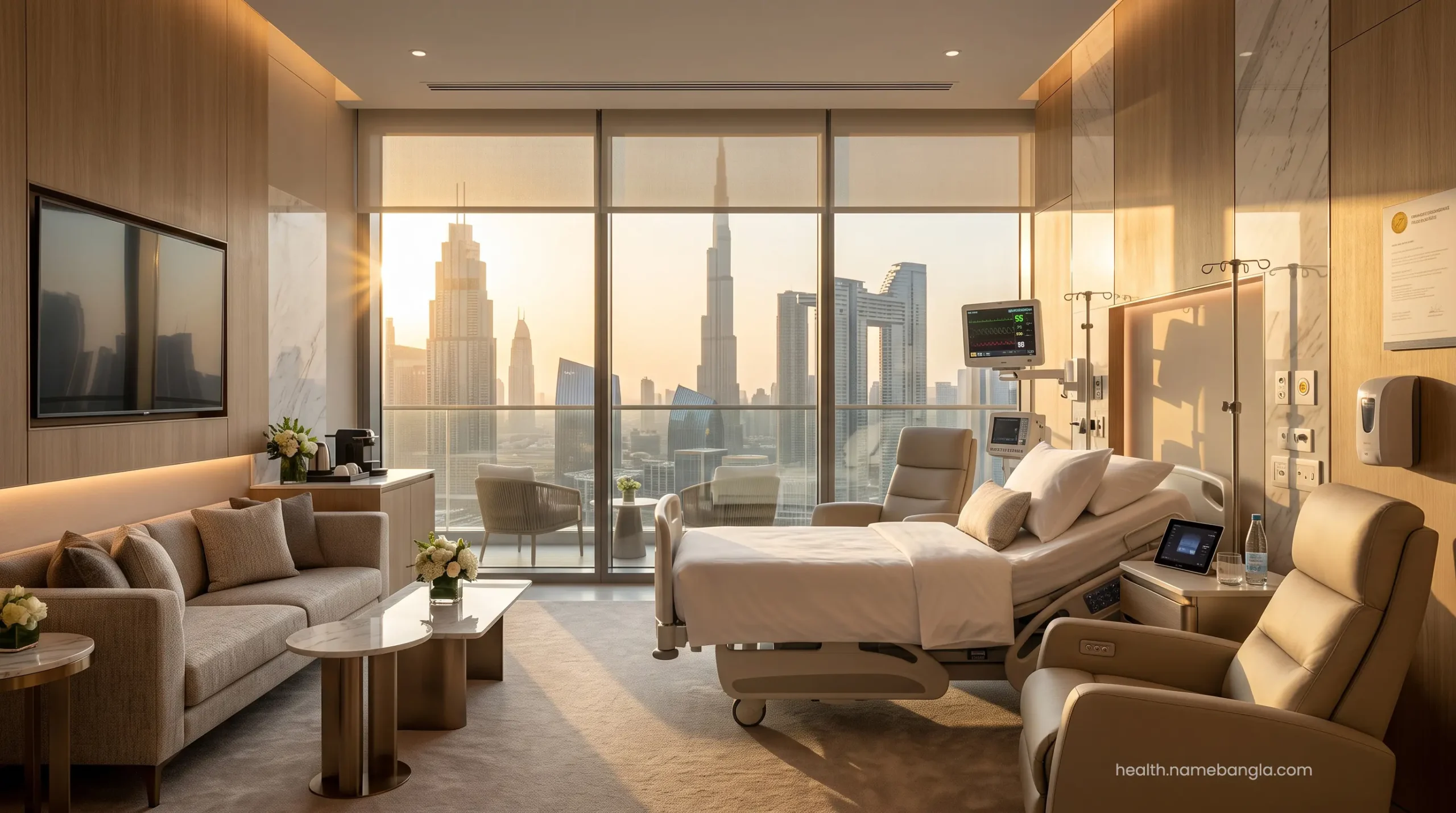A highly private, luxury VIP recovery suite for plastic surgery patients with a view of the Dubai skyline.