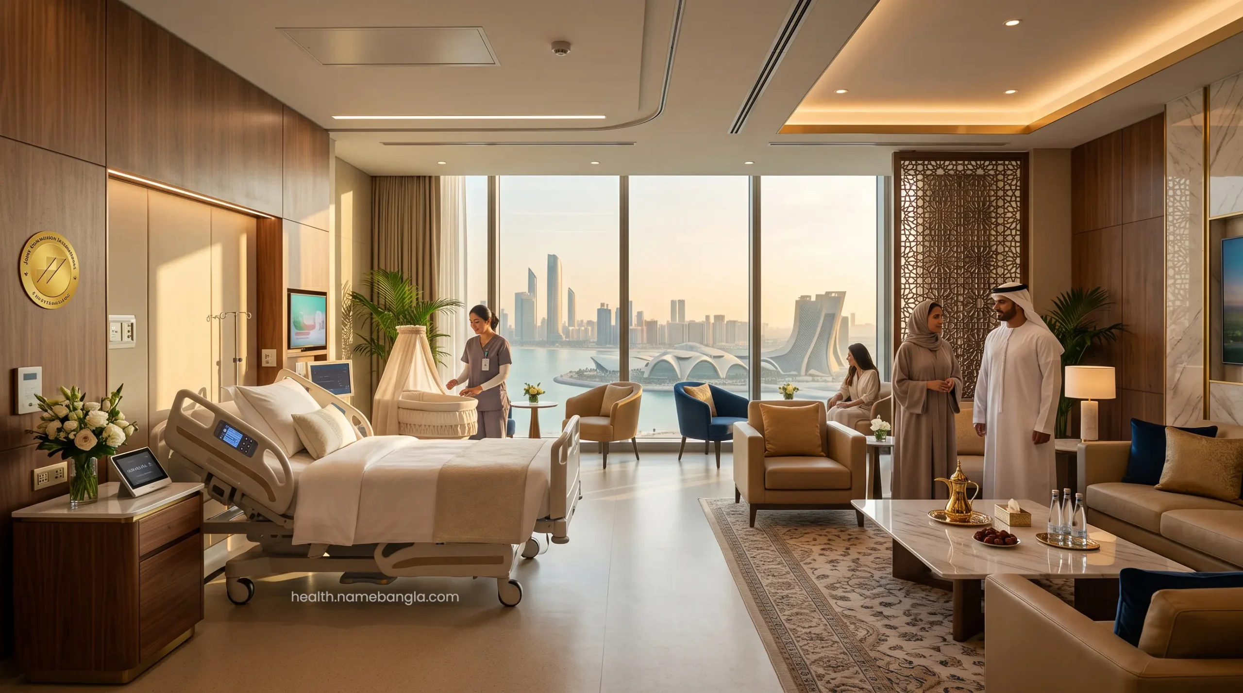 A luxurious VIP maternity suite in an Abu Dhabi premium hospital.
