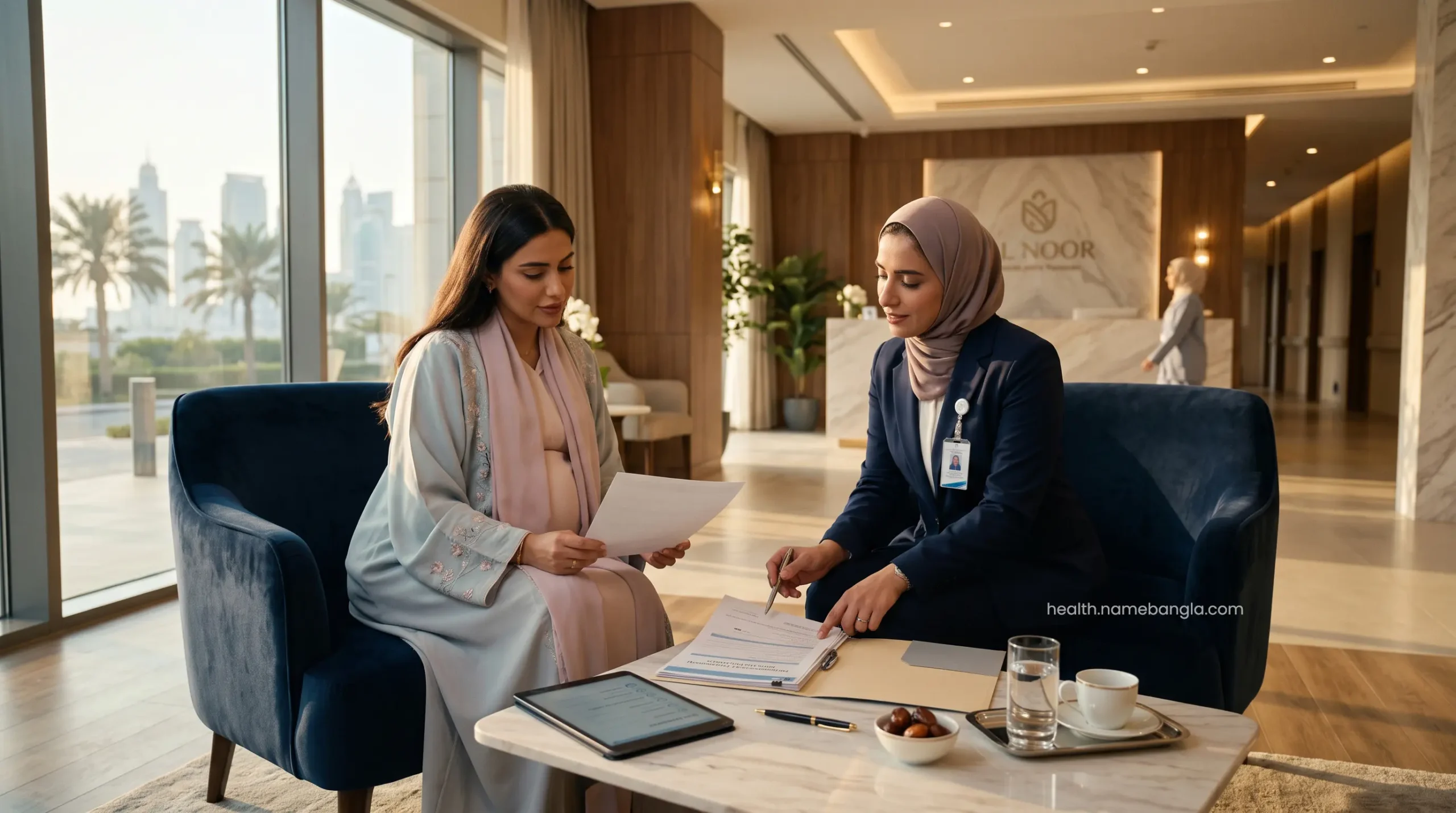 A dedicated medical concierge assisting a pregnant VIP patient with international maternity insurance documents.