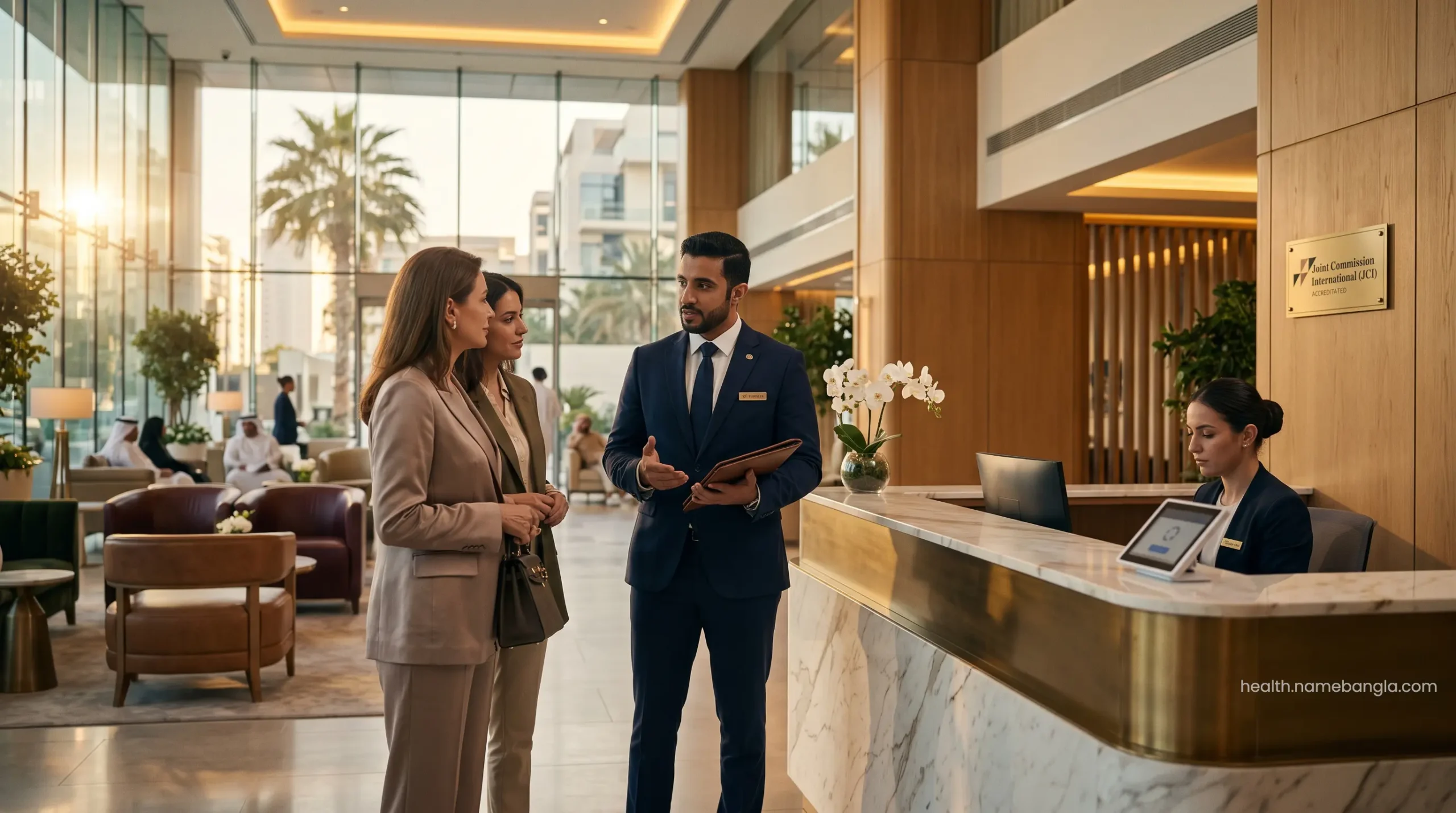 A dedicated medical concierge assisting an international patient at a premium aesthetic clinic in the UAE.