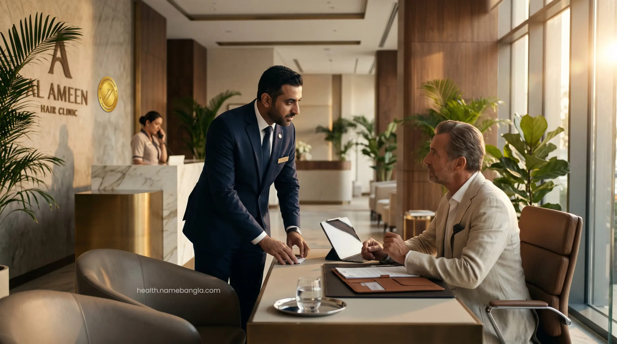 A dedicated medical concierge assisting an international patient at the reception of a premium hair restoration clinic.