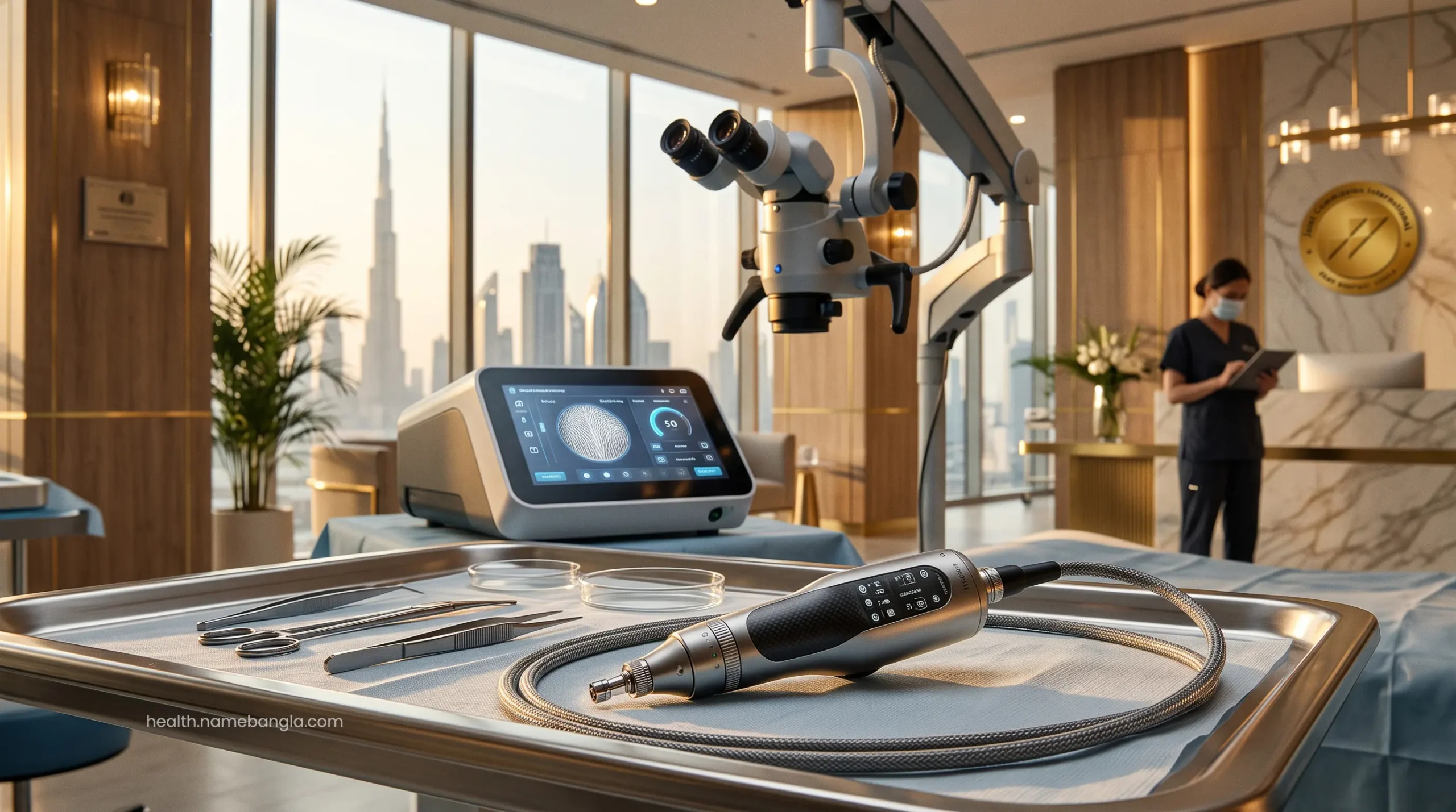 High-tech microscopic equipment used for precise follicular unit extraction (FUE) in a premium UAE clinic.