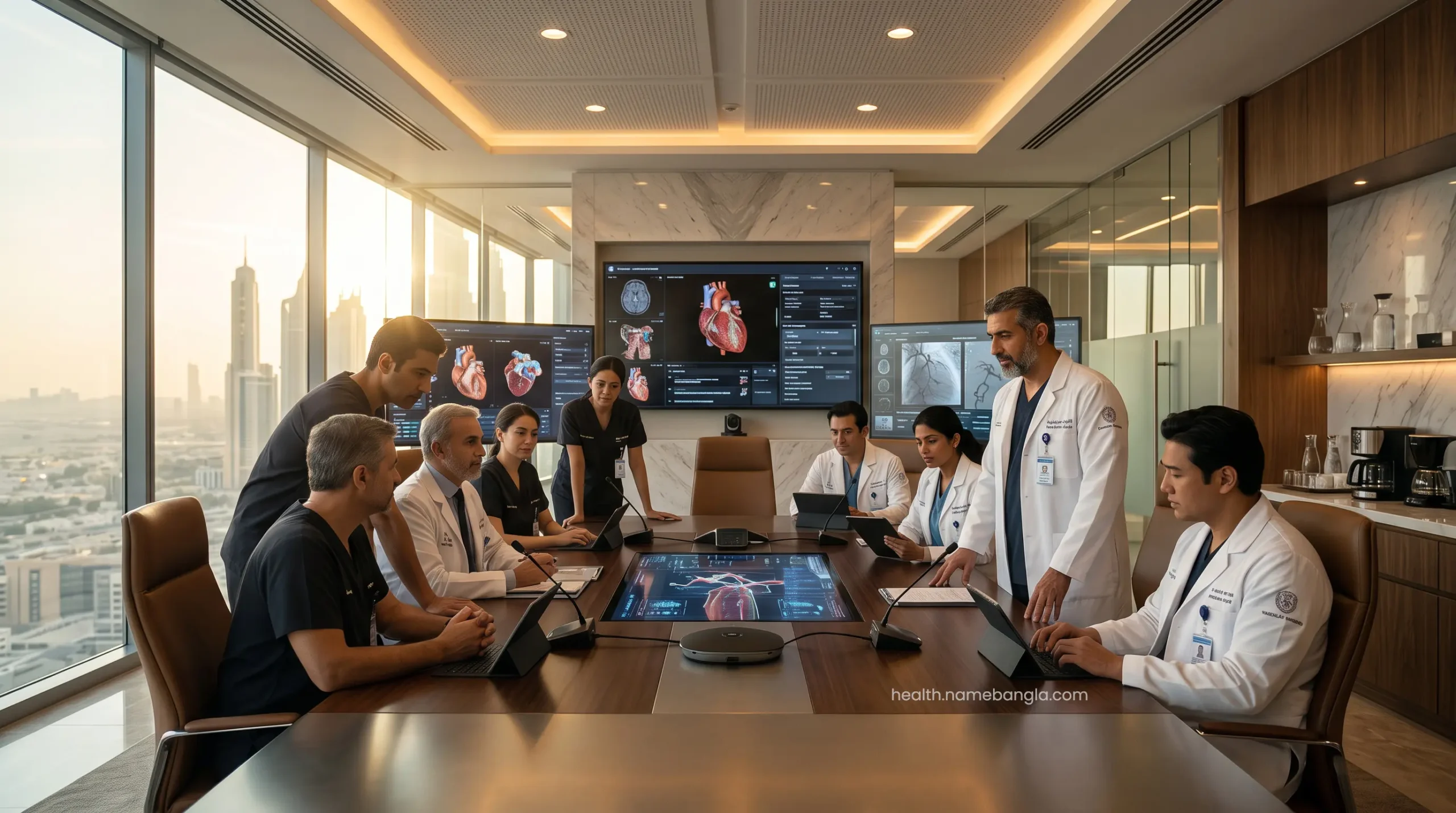 A multidisciplinary board of elite cardiologists and vascular surgeons reviewing a complex surgical plan in a high-tech boardroom.