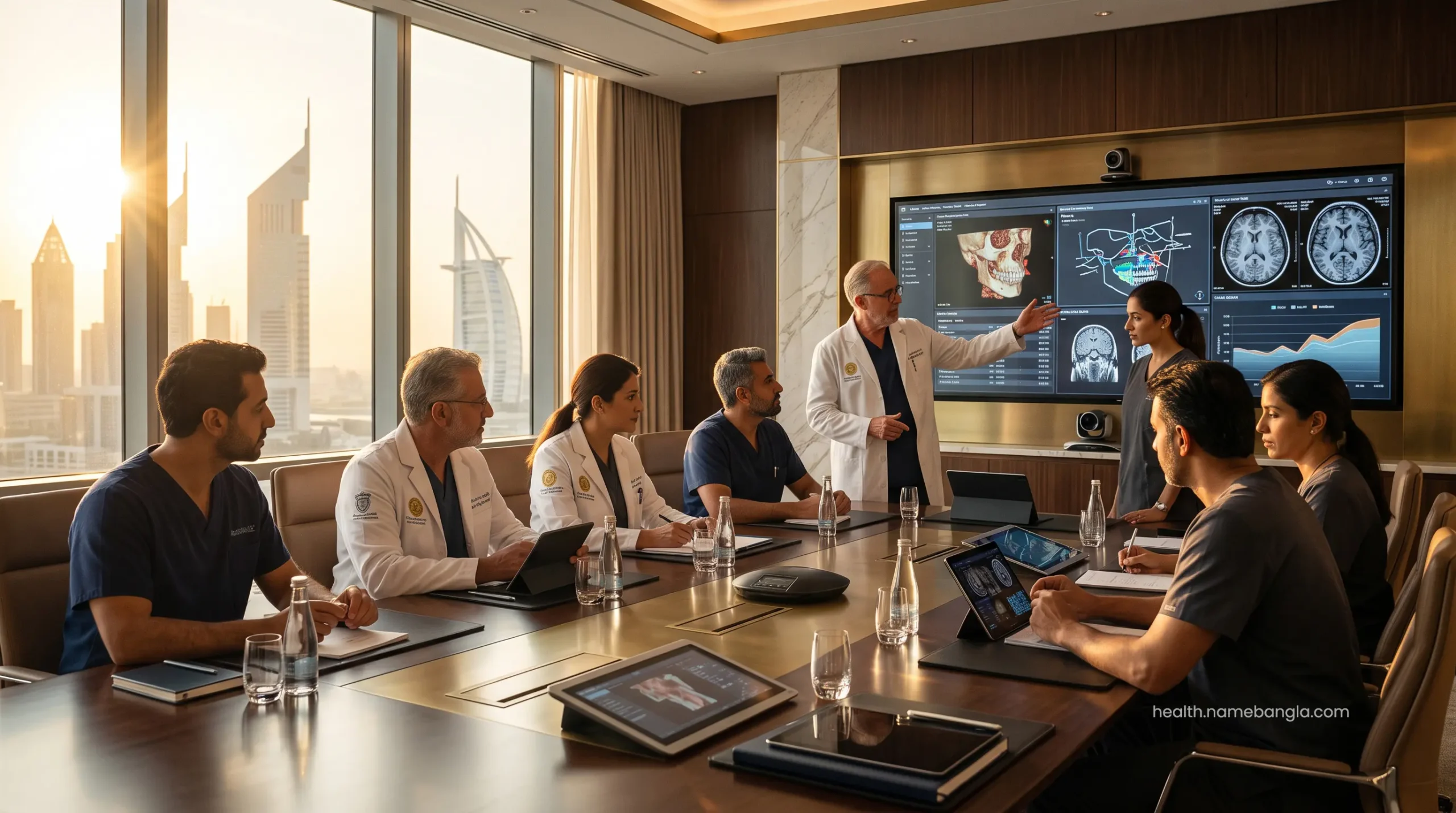 A multidisciplinary board of aesthetic and reconstructive surgeons reviewing a complex case in Dubai.