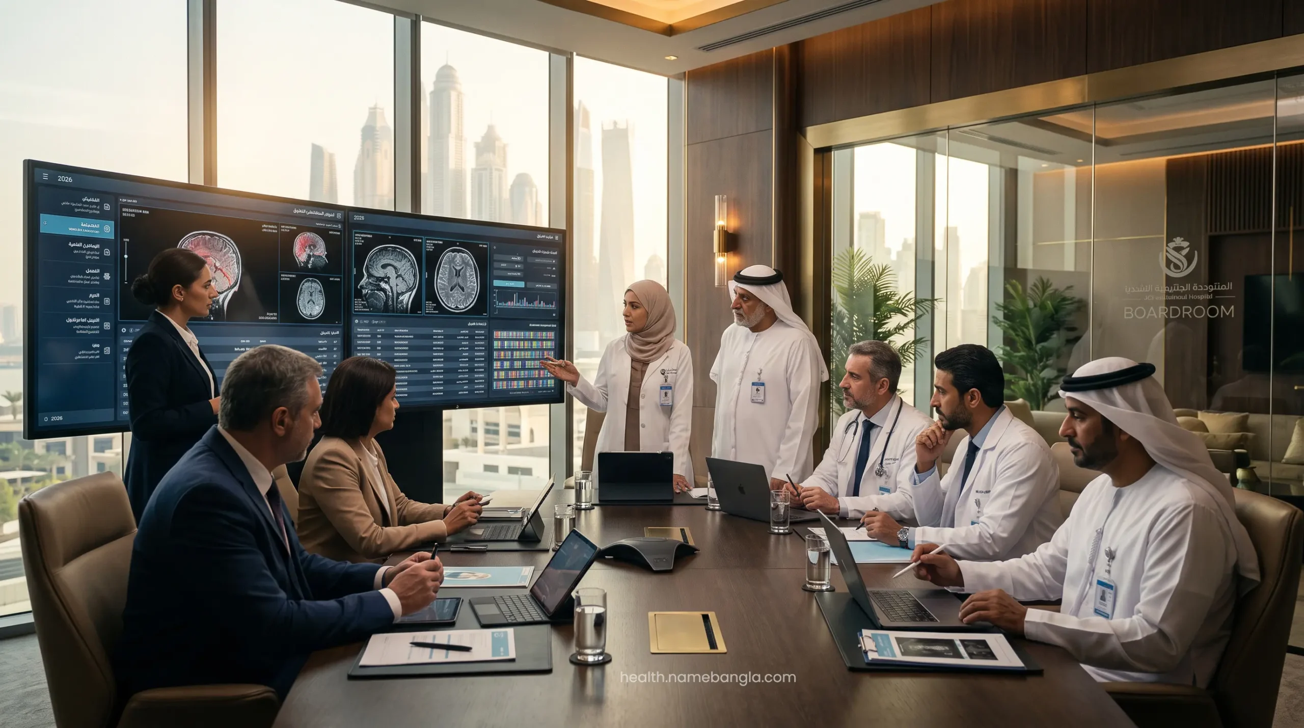 A multidisciplinary medical board of top-tier specialists reviewing a complex case in a Dubai boardroom.