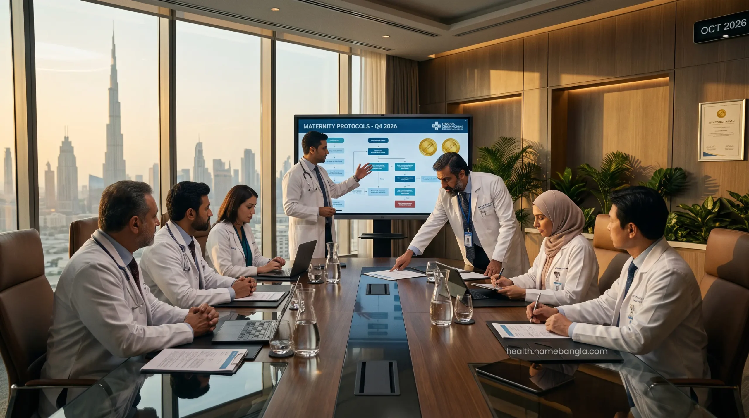 A multidisciplinary board of elite pediatricians and obstetricians reviewing maternity protocols.