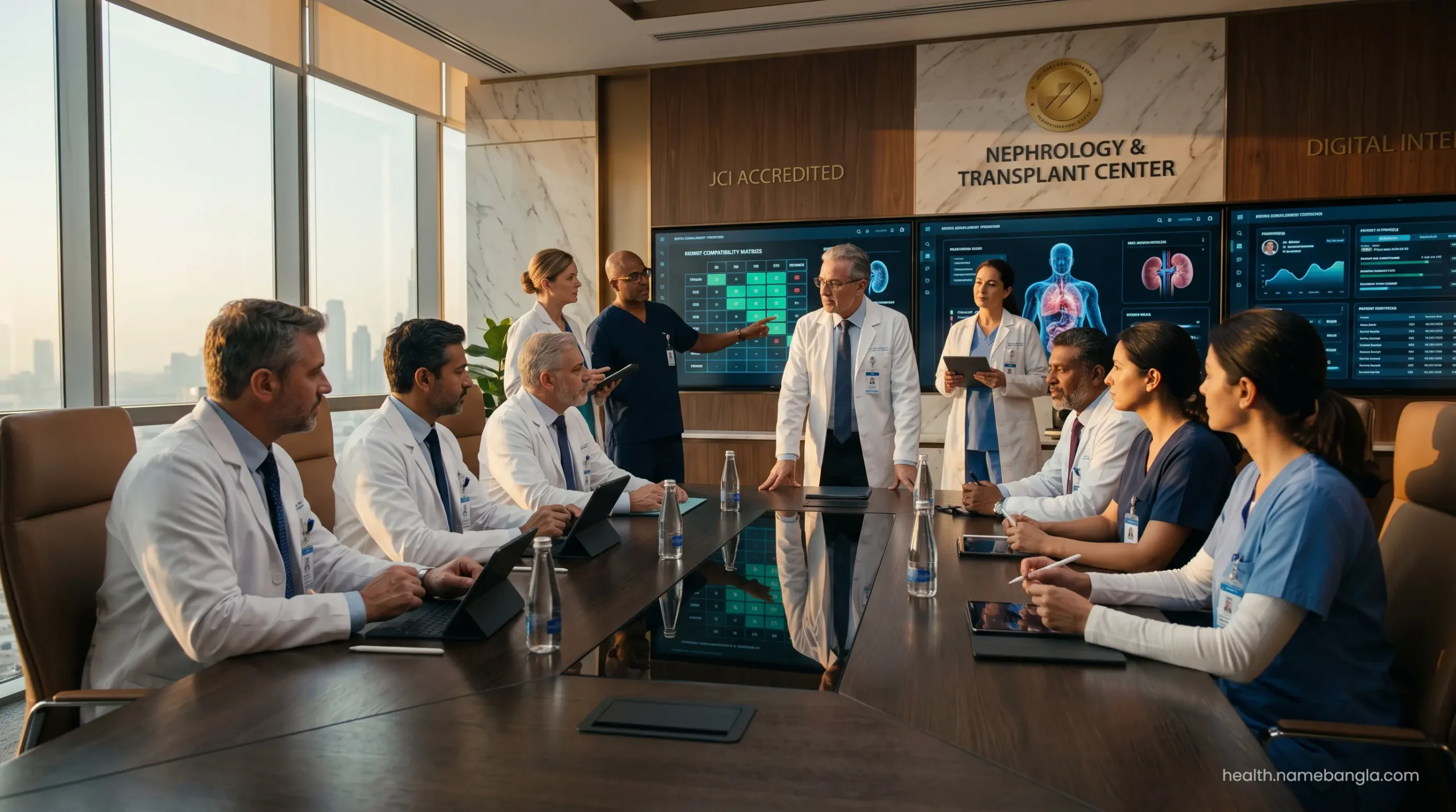 A multidisciplinary medical board reviewing live donor compatibility protocols in a high-tech boardroom.