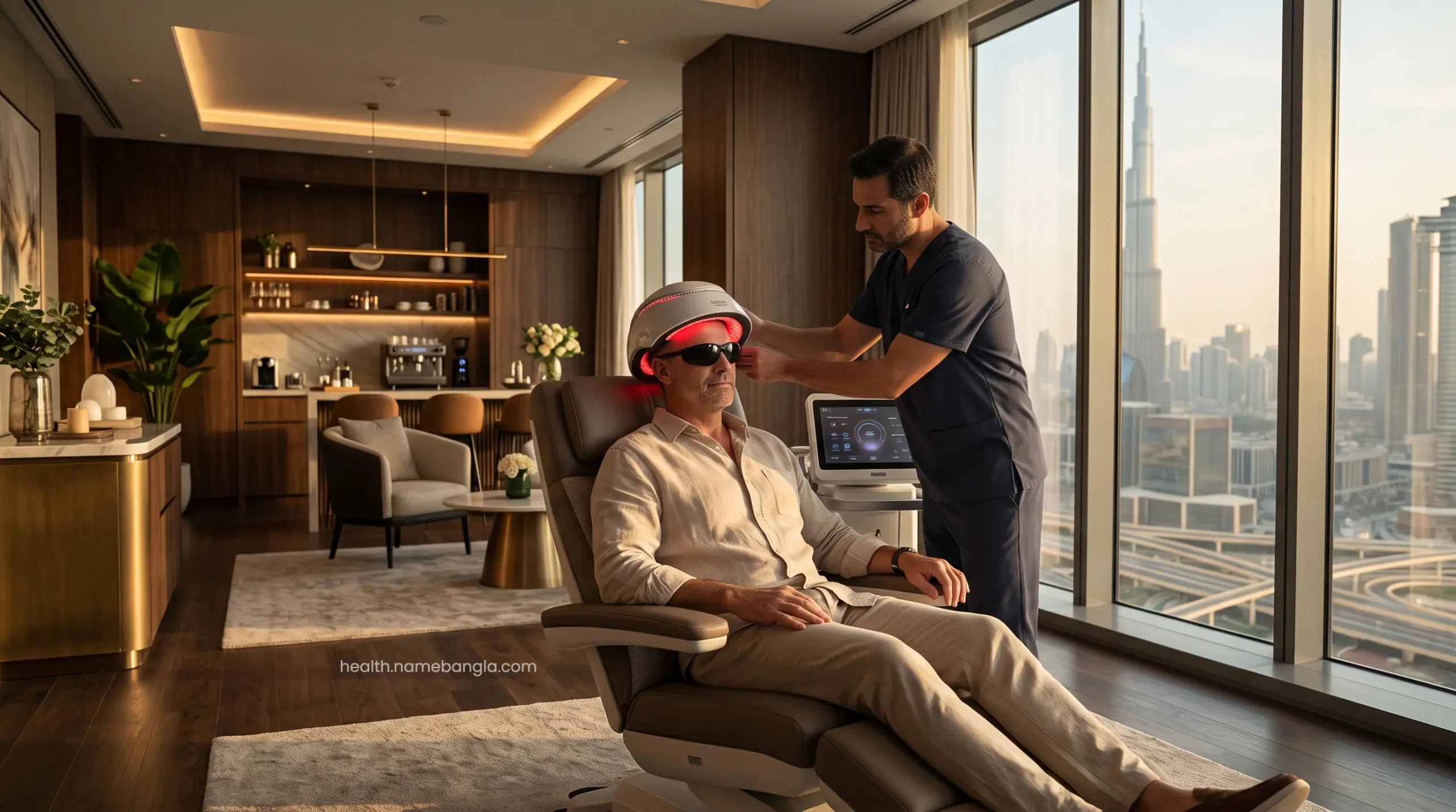 A VIP patient receiving post-operative low-level laser therapy for hair restoration in a luxury suite.