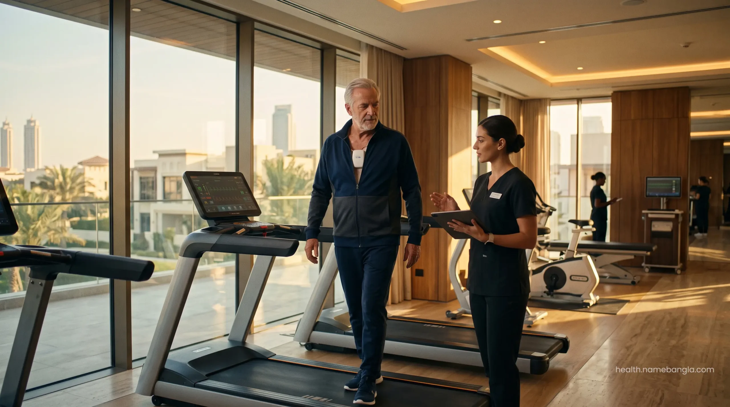 A high-net-worth patient undergoing supervised post-operative cardiac rehabilitation in a five-star UAE wellness center.