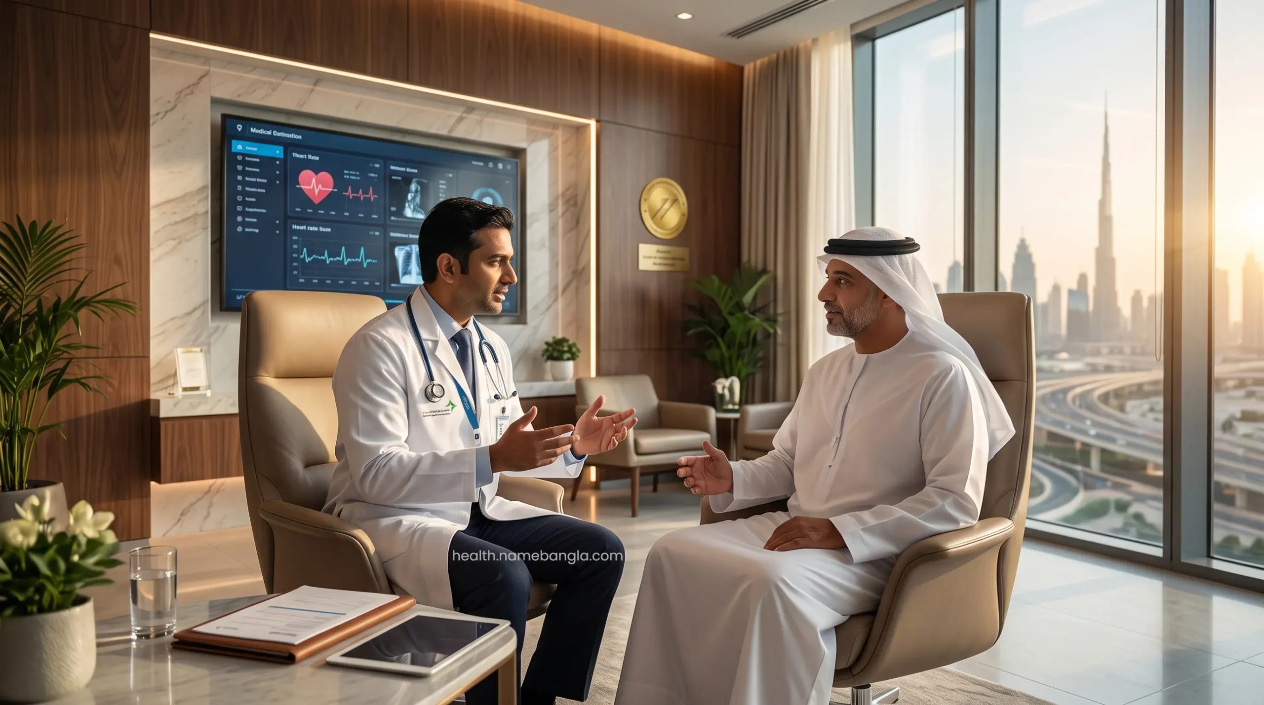 A high-net-worth patient receiving a premium medical checkup consultation in the UAE.
