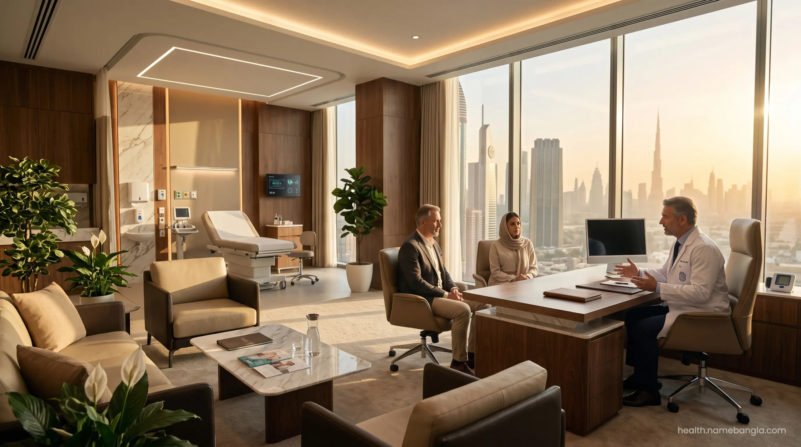 A luxury VIP medical consultation suite overlooking the Dubai skyline.
