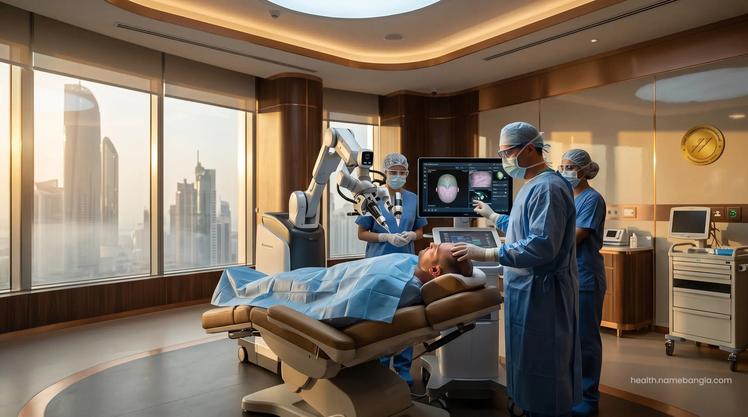 State-of-the-art robotic hair transplant technology in a highly sterile, premium Abu Dhabi operating suite.
