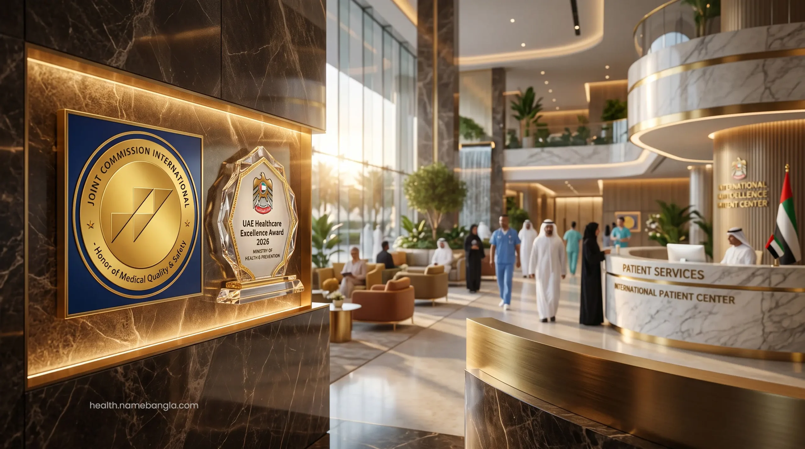 A glowing JCI accreditation and UAE healthcare excellence award displayed in a hospital lobby.