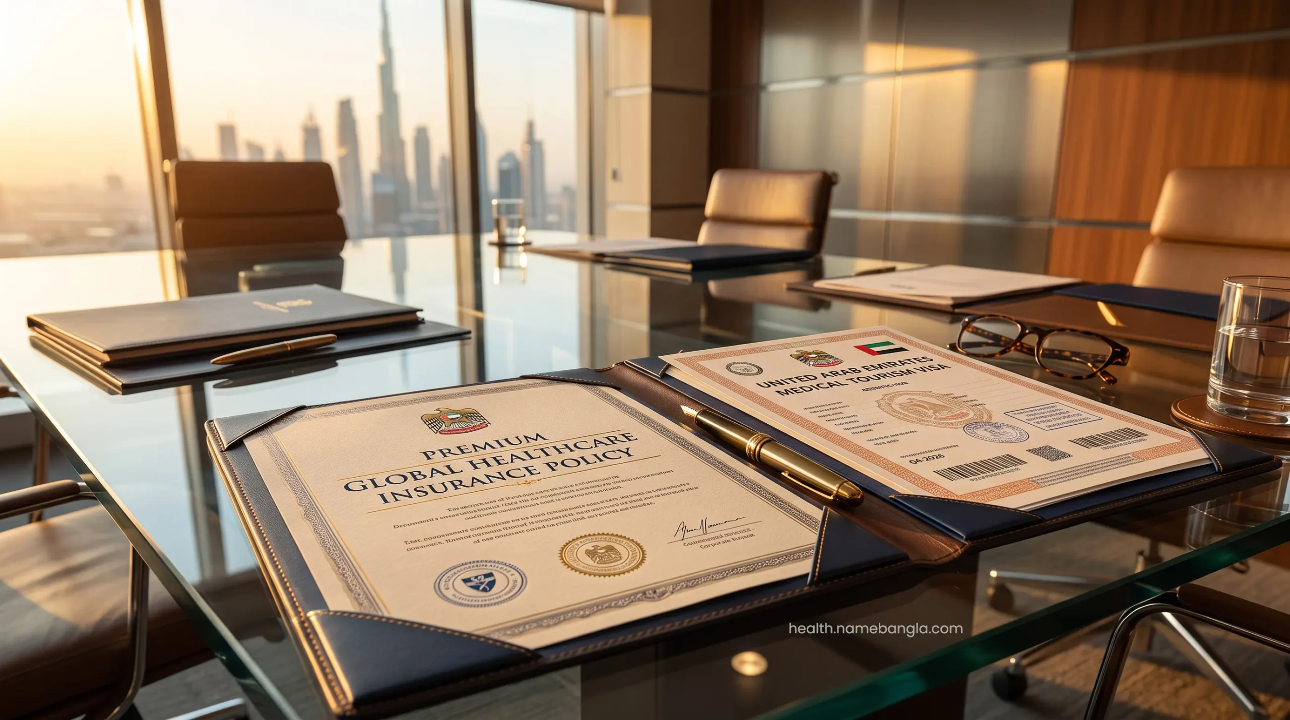 Premium healthcare insurance and UAE medical tourism visa documents on a boardroom table.