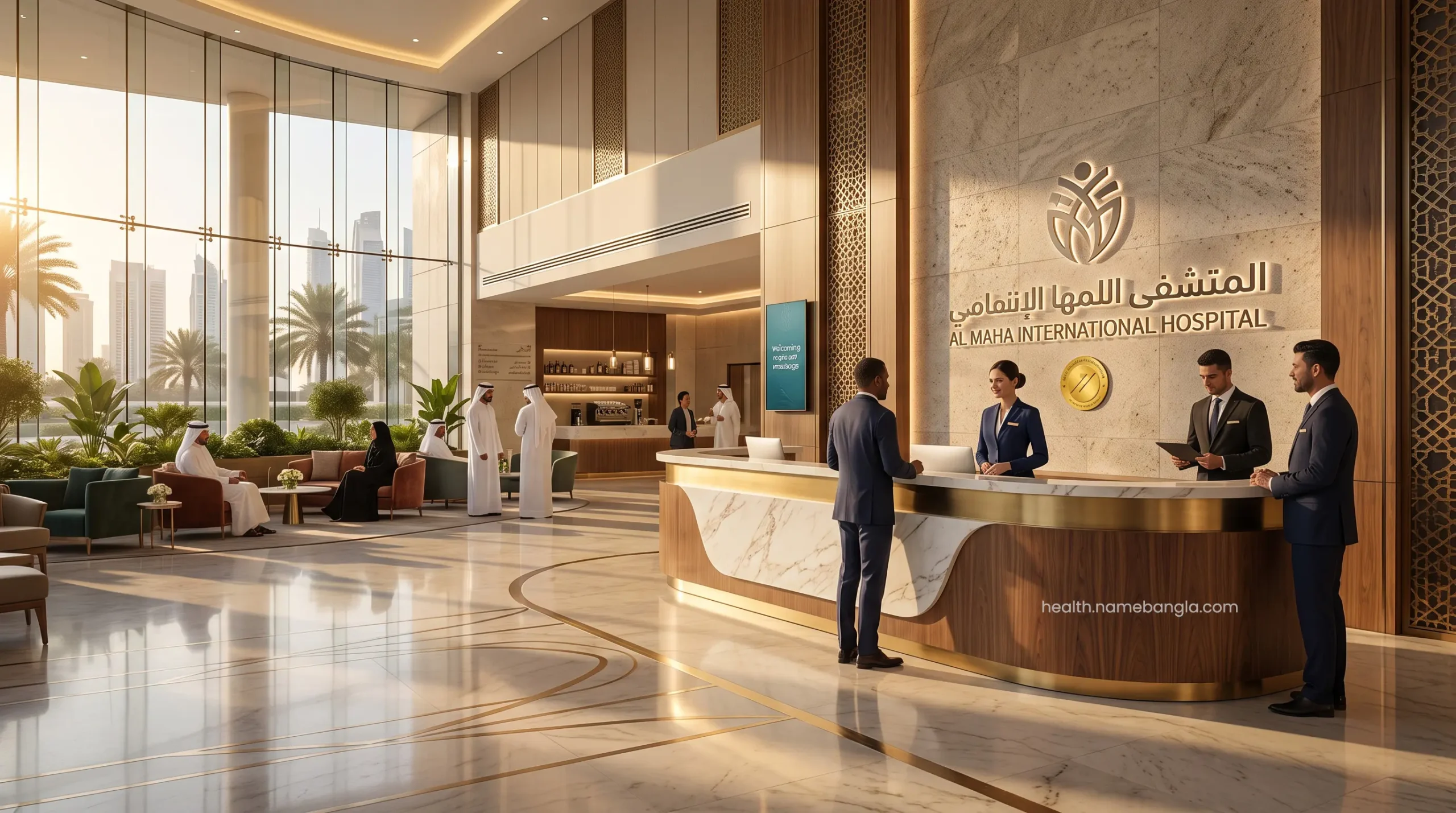 Ultra-premium VIP hospital reception and concierge desk in Abu Dhabi.