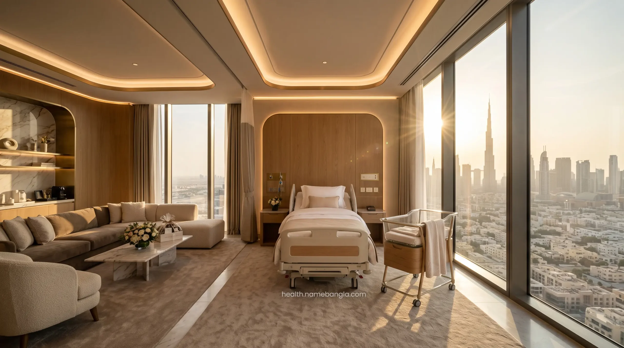 A highly luxurious VIP maternity suite featuring a stunning view of the Dubai skyline.