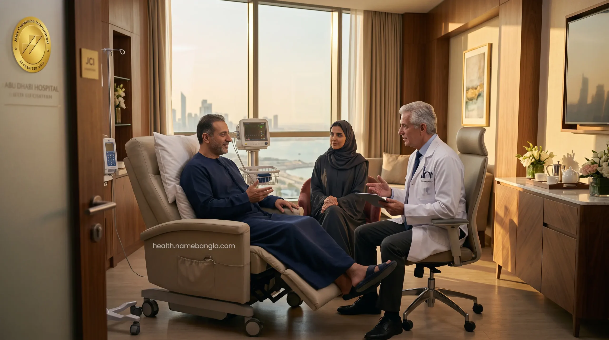 A senior specialist conducting a post-operative consultation with a recovering patient in a VIP suite.