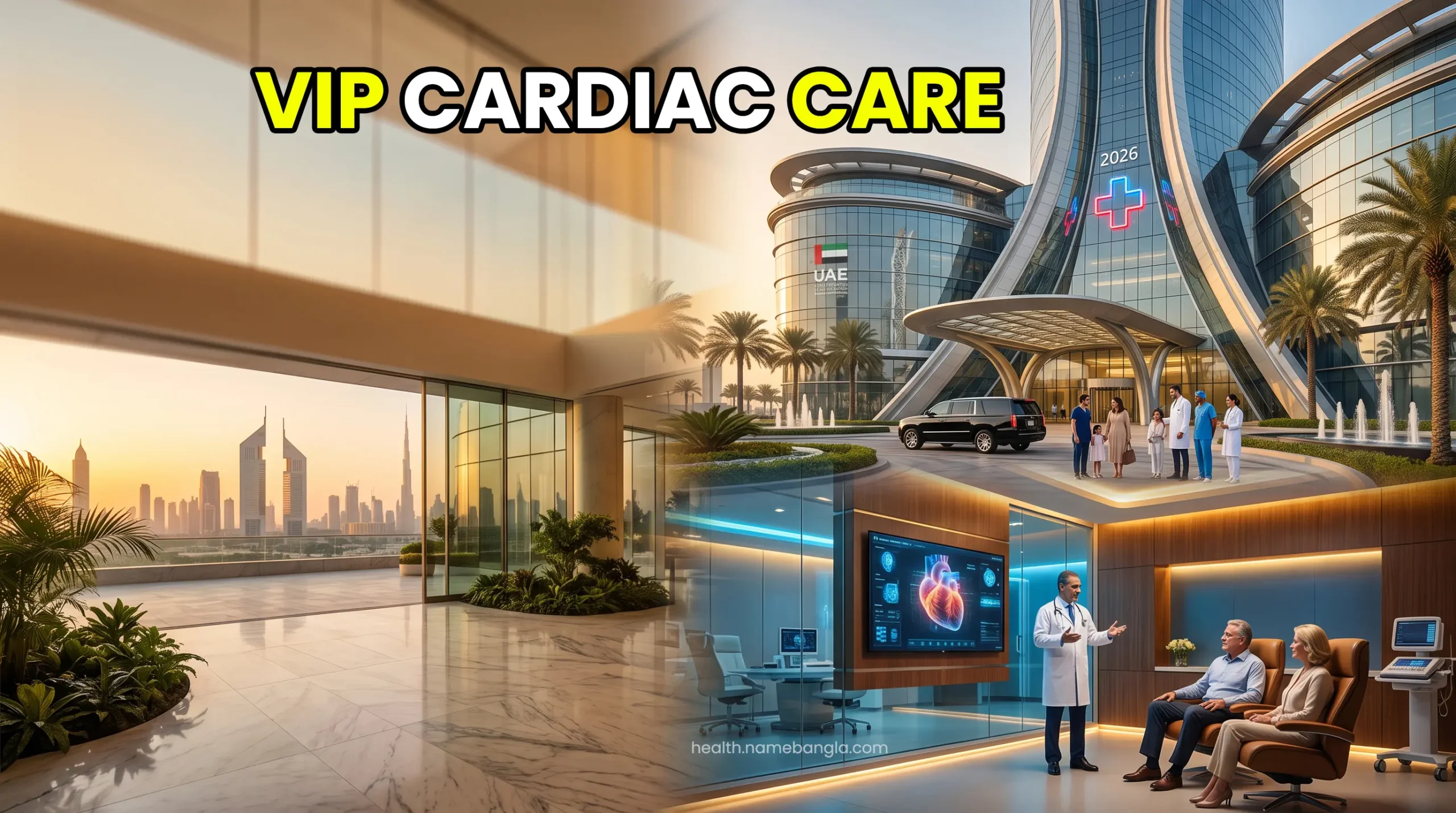 A high-net-worth patient consulting a board-certified cardiologist in a luxury heart institute in Dubai.